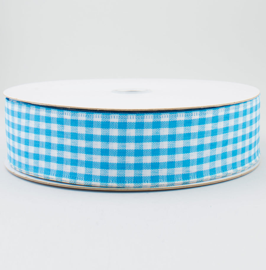 1.5" Gingham Check Wired Ribbon: Turquoise Blue & White (50 Yards)