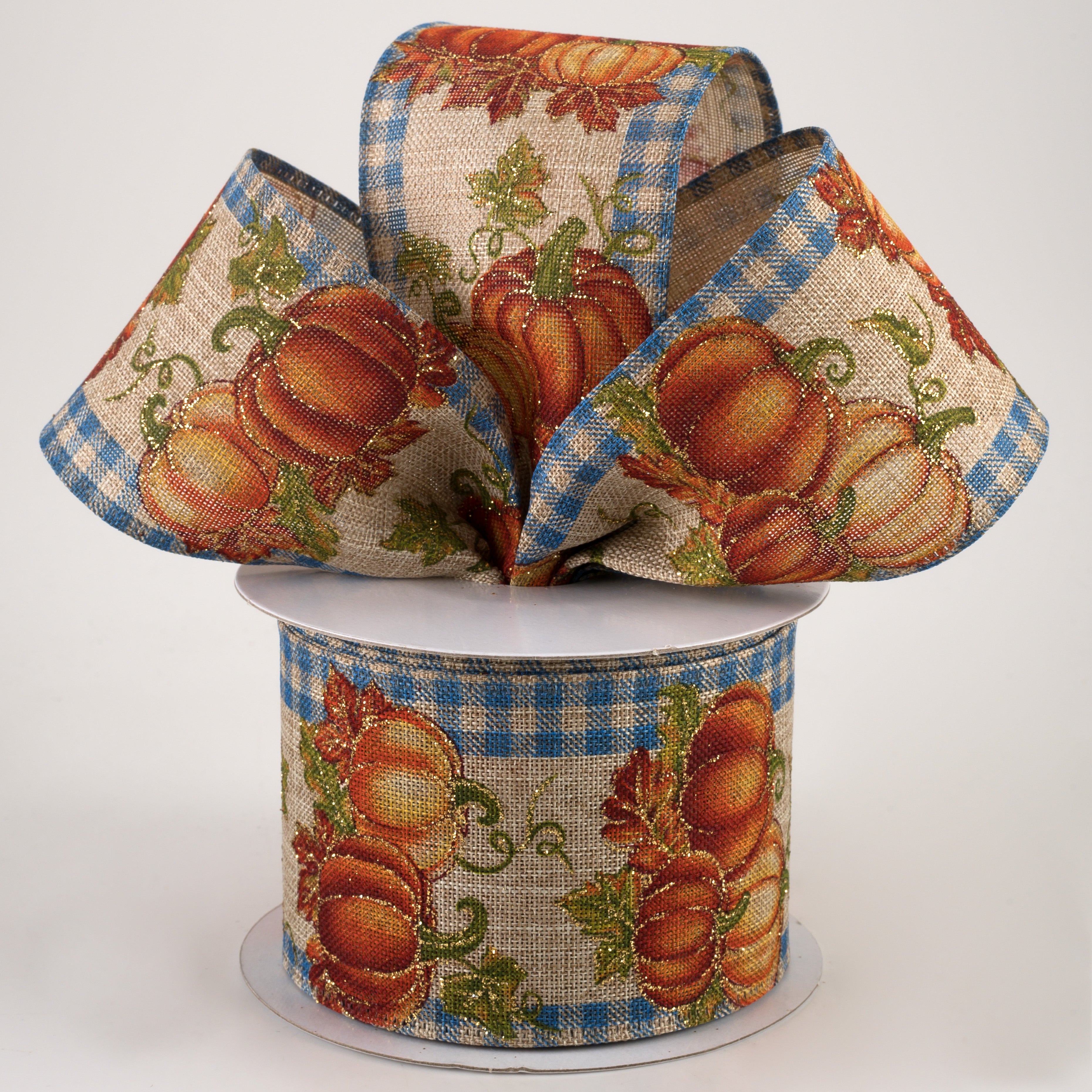 2.5" Gingham Edge Pumpkins Ribbon: Blue on Natural (10 Yards) Lifestyle Photo