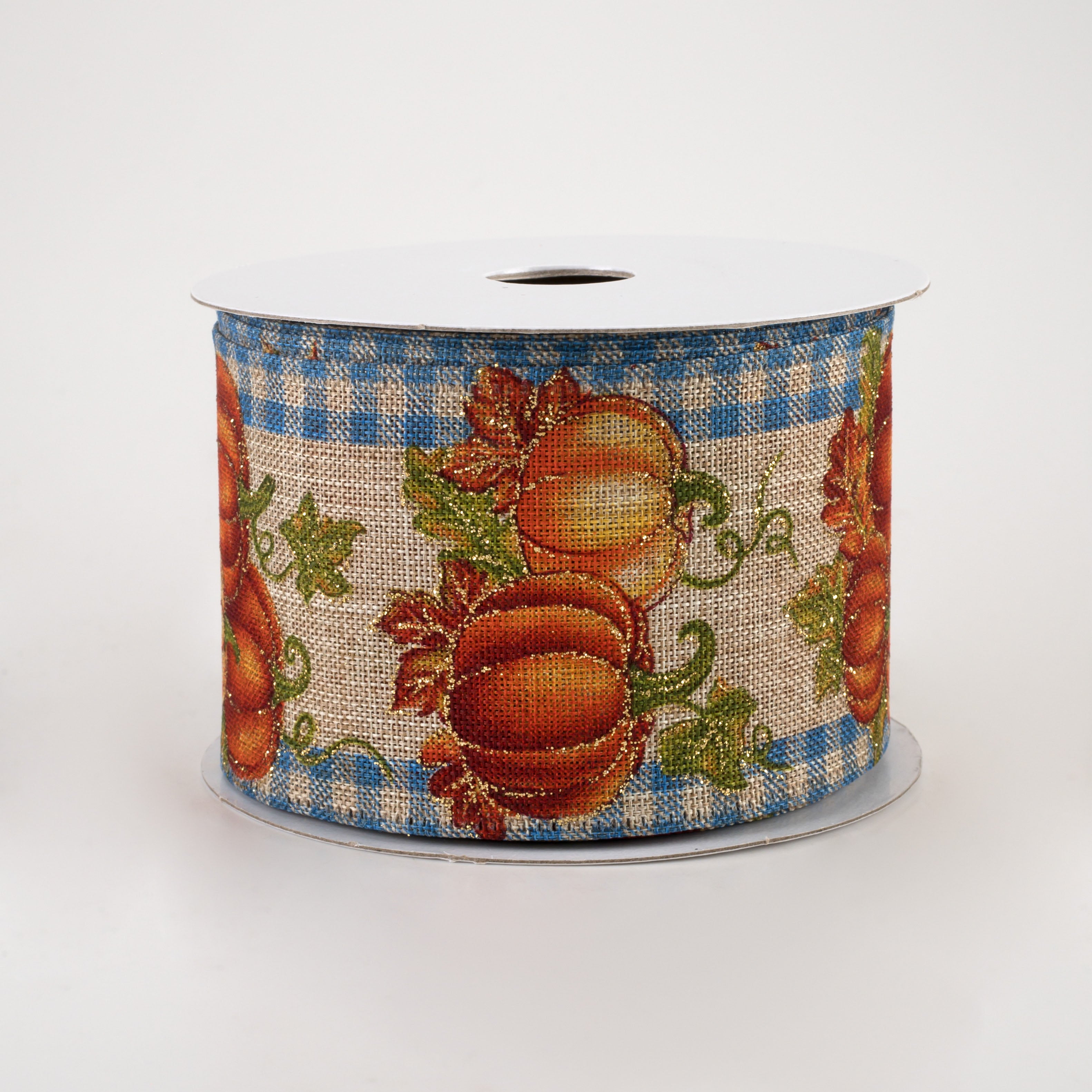2.5" Gingham Edge Pumpkins Ribbon: Blue on Natural (10 Yards)