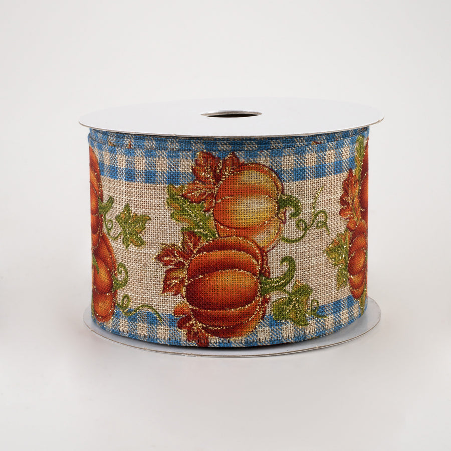2.5" Gingham Edge Pumpkins Ribbon: Blue on Natural (10 Yards)