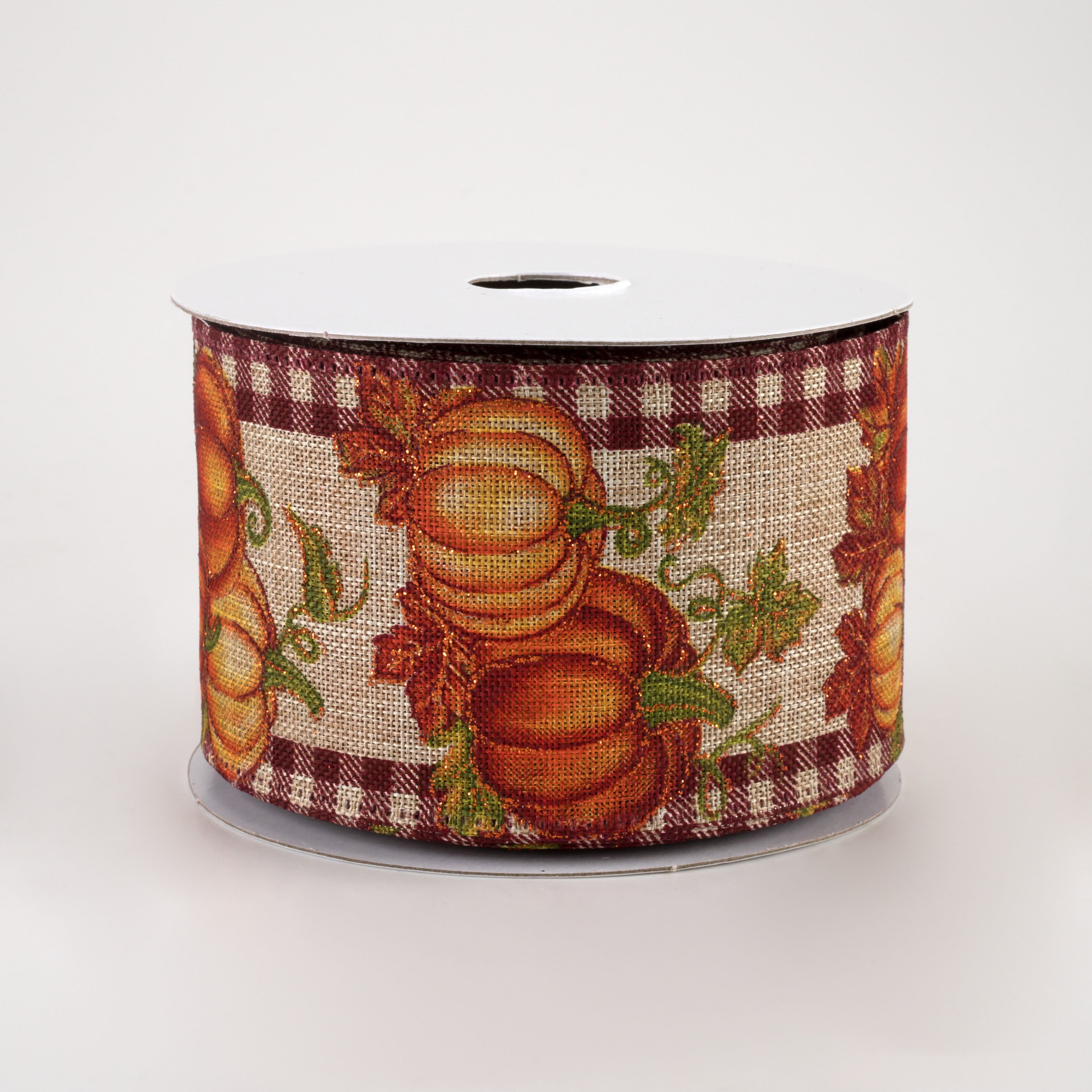 2.5" Gingham Edge Pumpkins Ribbon: Burgundy on Natural (10 Yards)