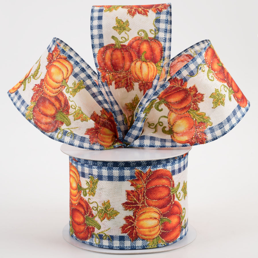 2.5" Gingham Edge Pumpkins Ribbon: Royal Blue on Ivory (10 Yards) Lifestyle Photo