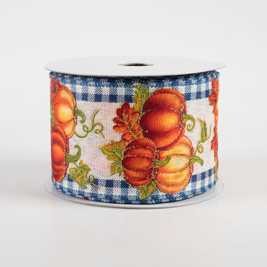 2.5" Gingham Edge Pumpkins Ribbon: Royal Blue on Ivory (10 Yards)