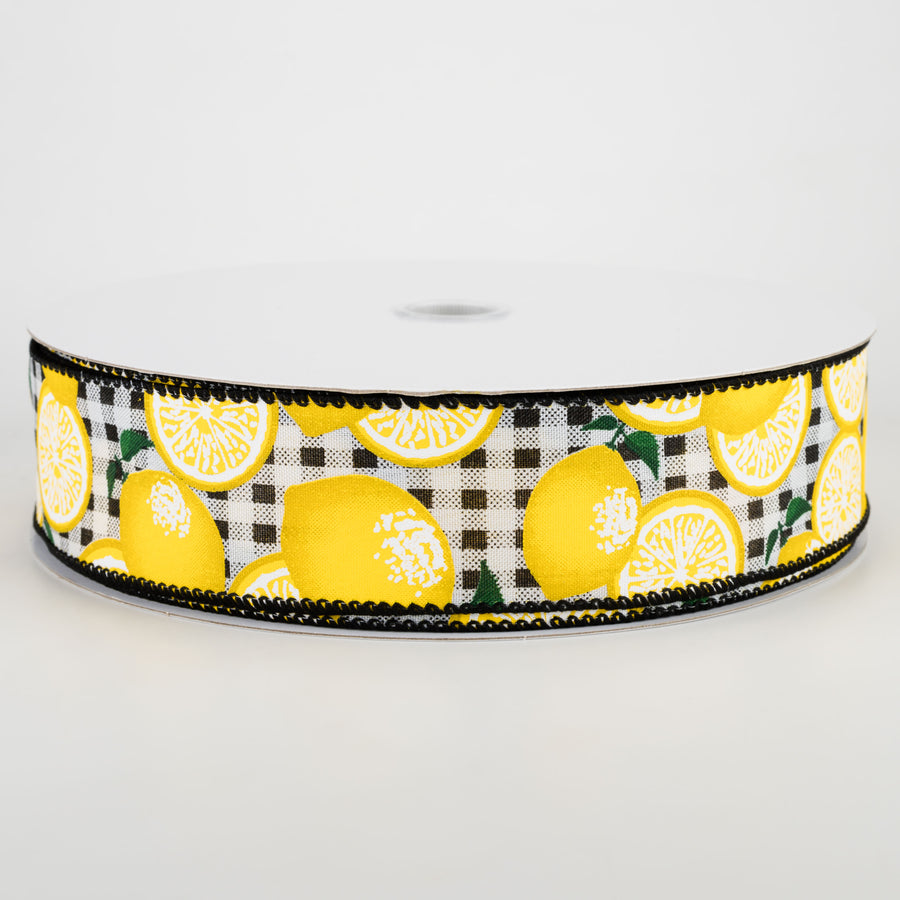 1.5" Gingham Lemons Ribbon: Black (50 Yards)