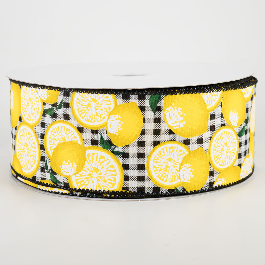 2.5" Gingham Lemons Ribbon: Black (50 Yards) Item Number: 841-40-110