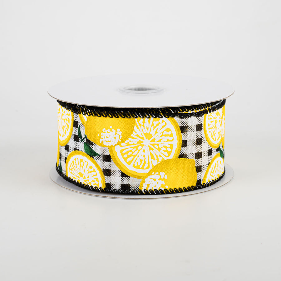 1.5" Gingham Lemons Ribbon: Black (10 Yards)