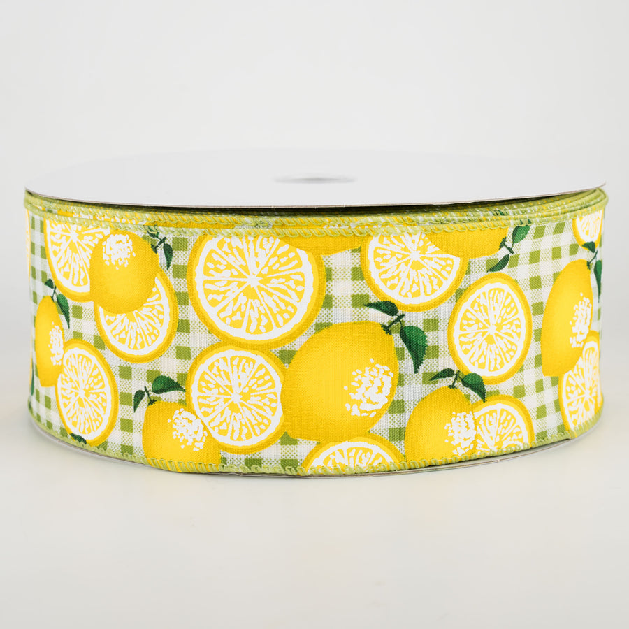 2.5" Gingham Lemons Ribbon: Green (50 Yards)