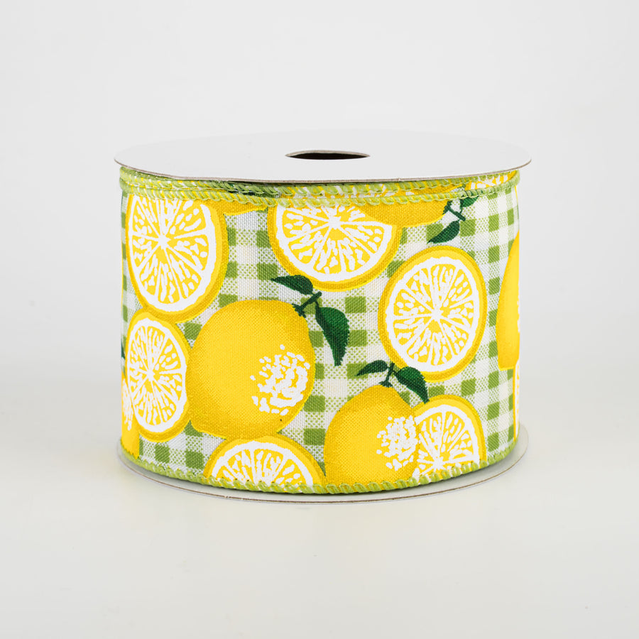 2.5" Gingham Lemons Ribbon: Green (10 Yards) Item Number: 41120-40-09