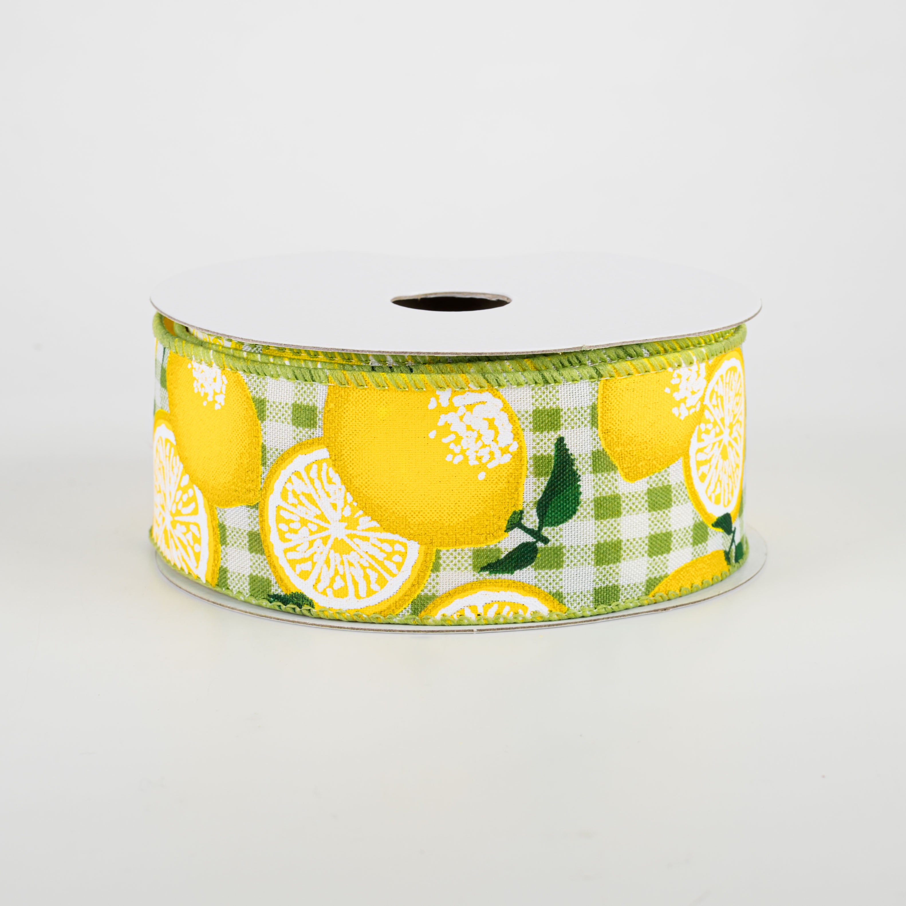 1.5" Gingham Lemons Ribbon: Green (10 Yards)