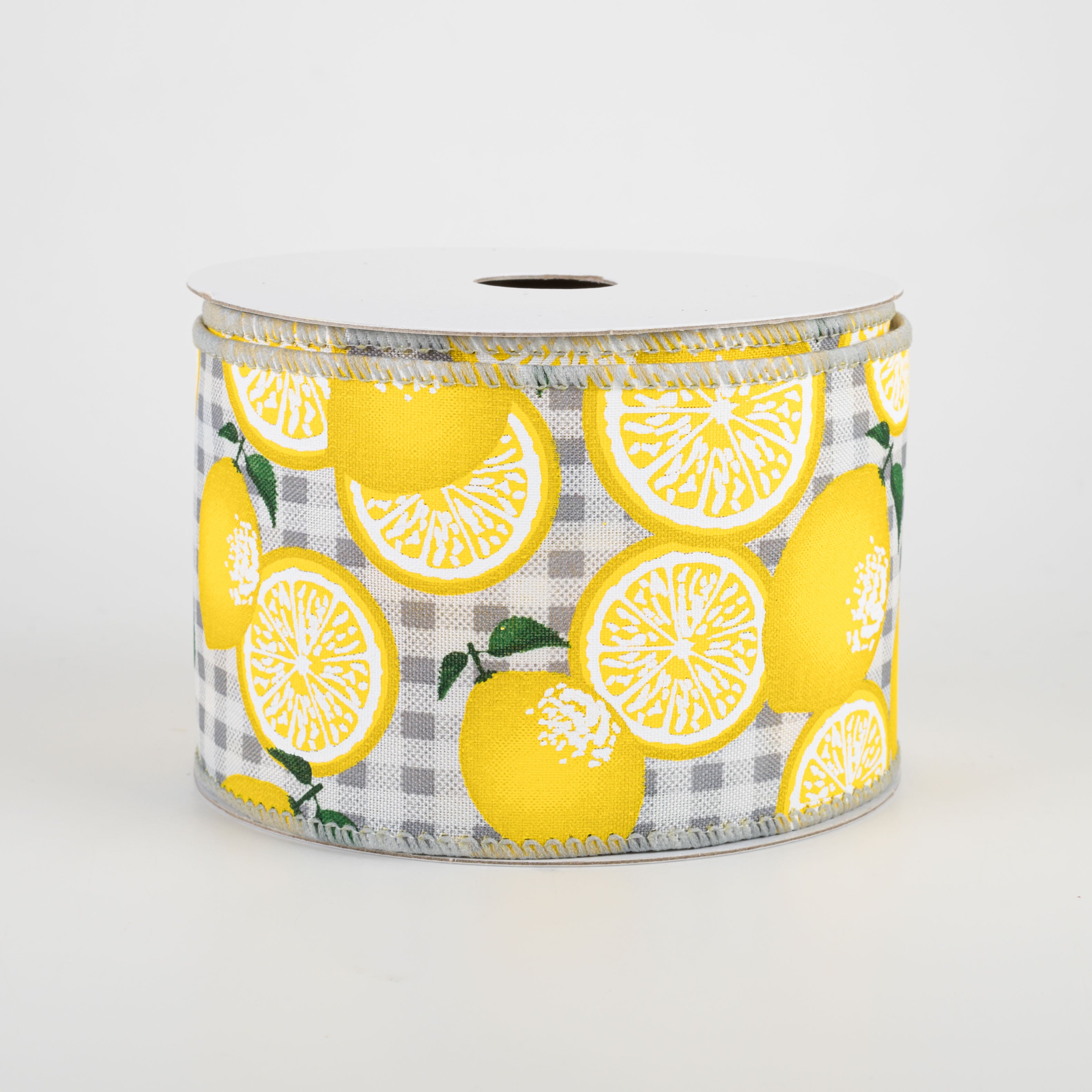 2.5" Gingham Lemons Ribbon: Grey (10 Yards) Item Number: 41120-40-51