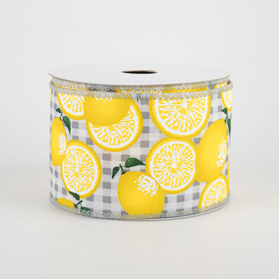 2.5" Gingham Lemons Ribbon: Grey (10 Yards) Item Number: 41120-40-51
