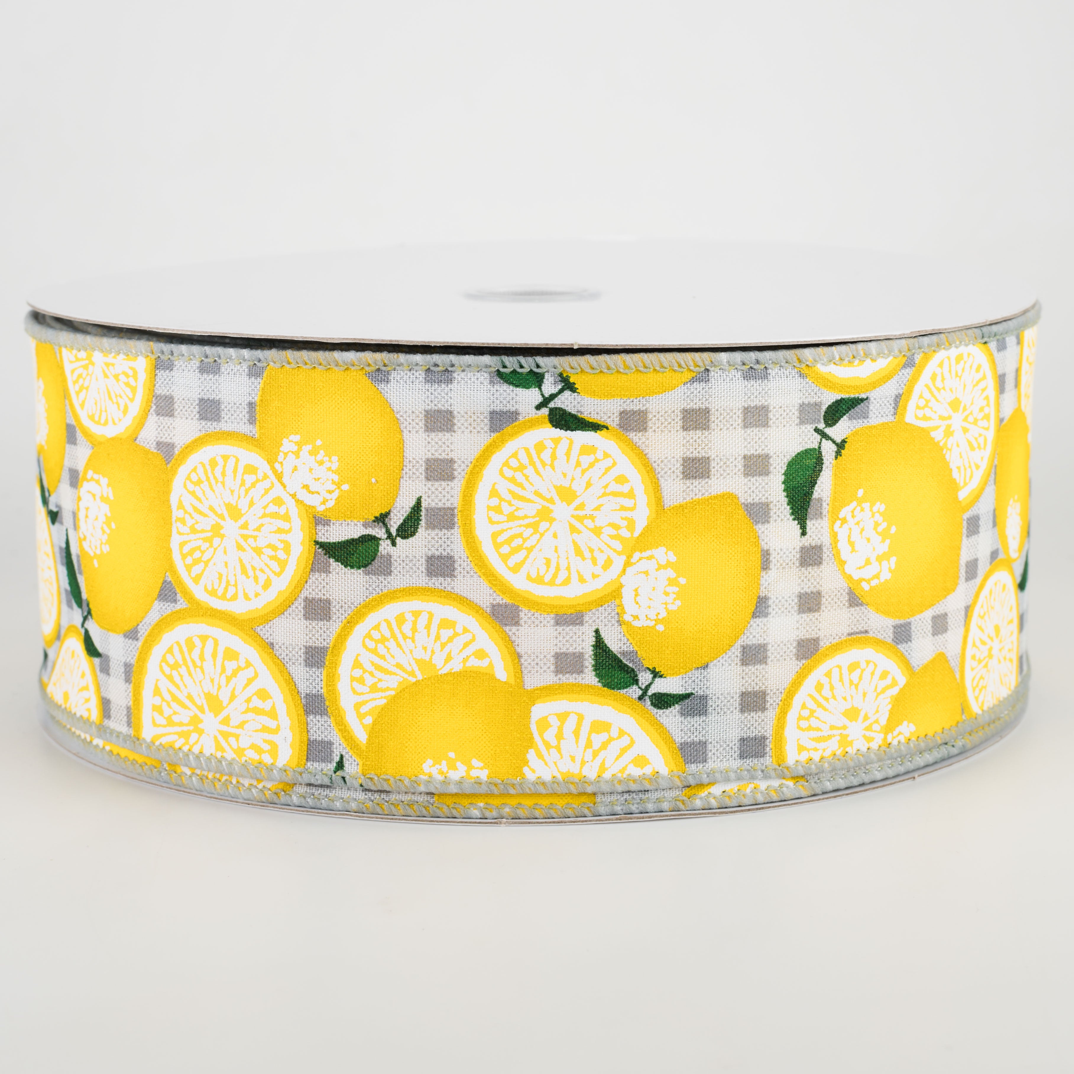 2.5" Gingham Lemons Ribbon: Grey (50 Yards) Item Number: 841-40-113