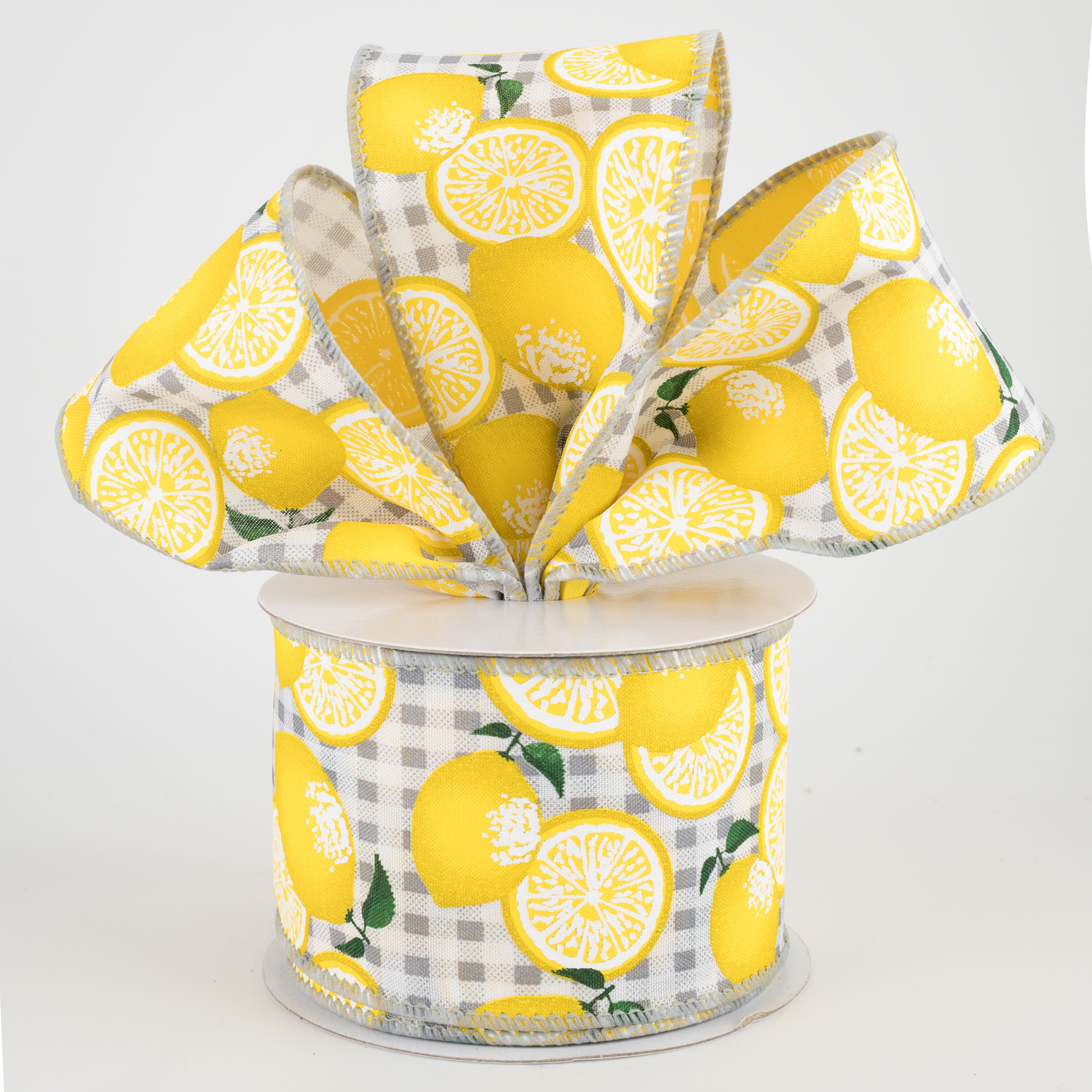 2.5" Gingham Lemons Ribbon: Grey (10 Yards) Lifestyle Photo