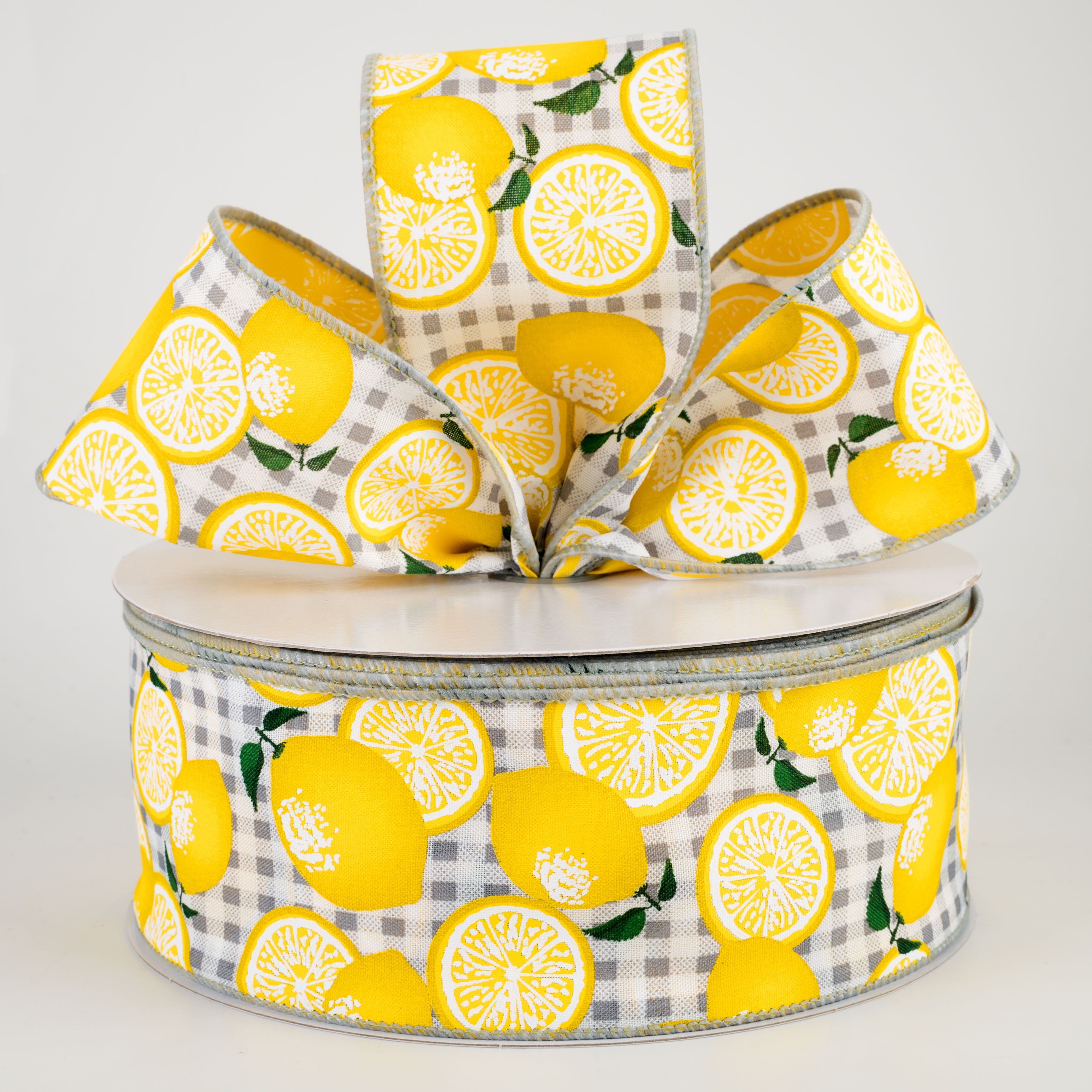 2.5" Gingham Lemons Ribbon: Grey (50 Yards) Lifestyle Photo