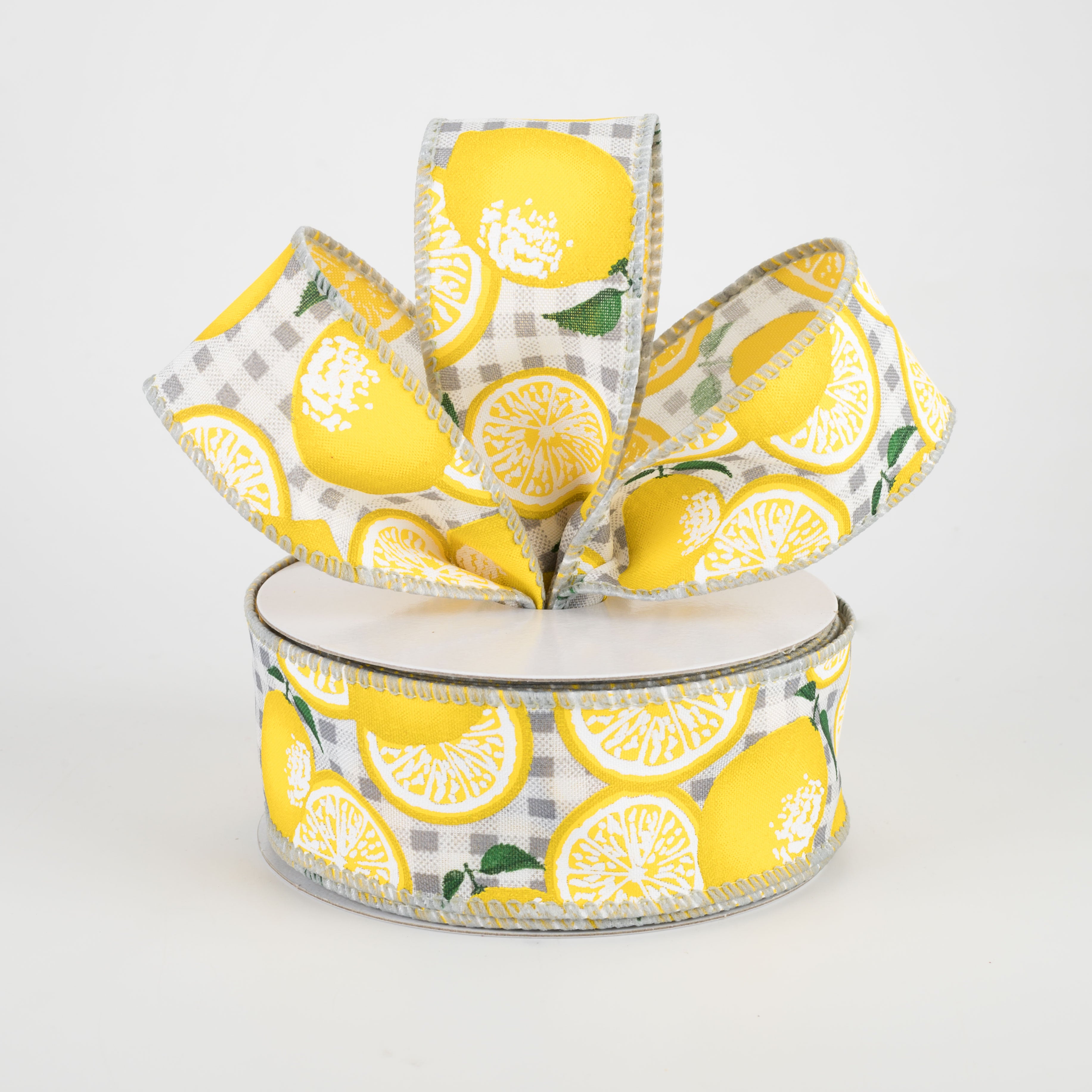 1.5" Gingham Lemons Ribbon: Grey (10 Yards) Lifestyle Photo