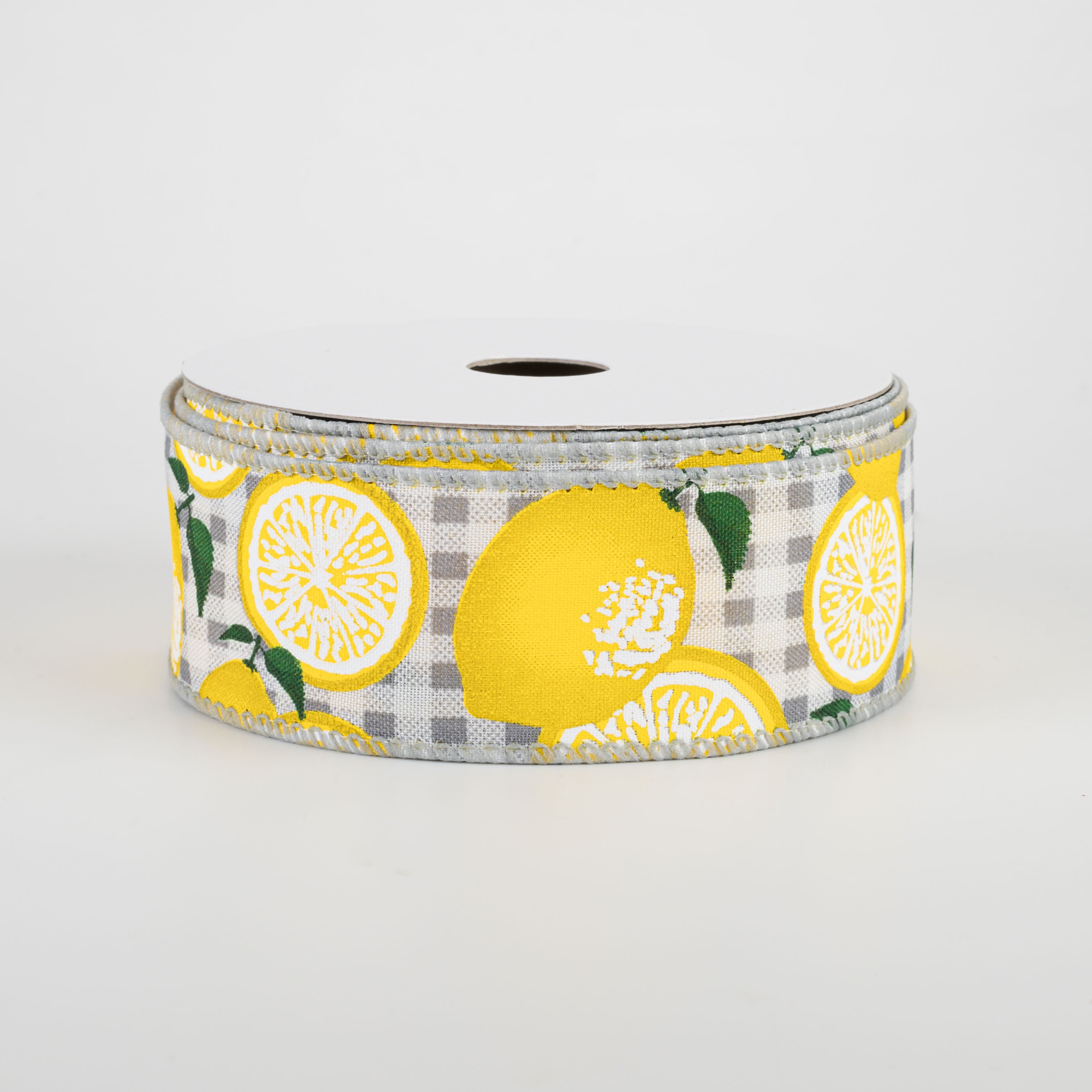 1.5" Gingham Lemons Ribbon: Grey (10 Yards)