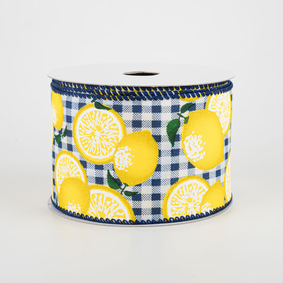 2.5" Gingham Lemons Ribbon: Navy Blue (10 Yards) Item Number: 41120-40-25