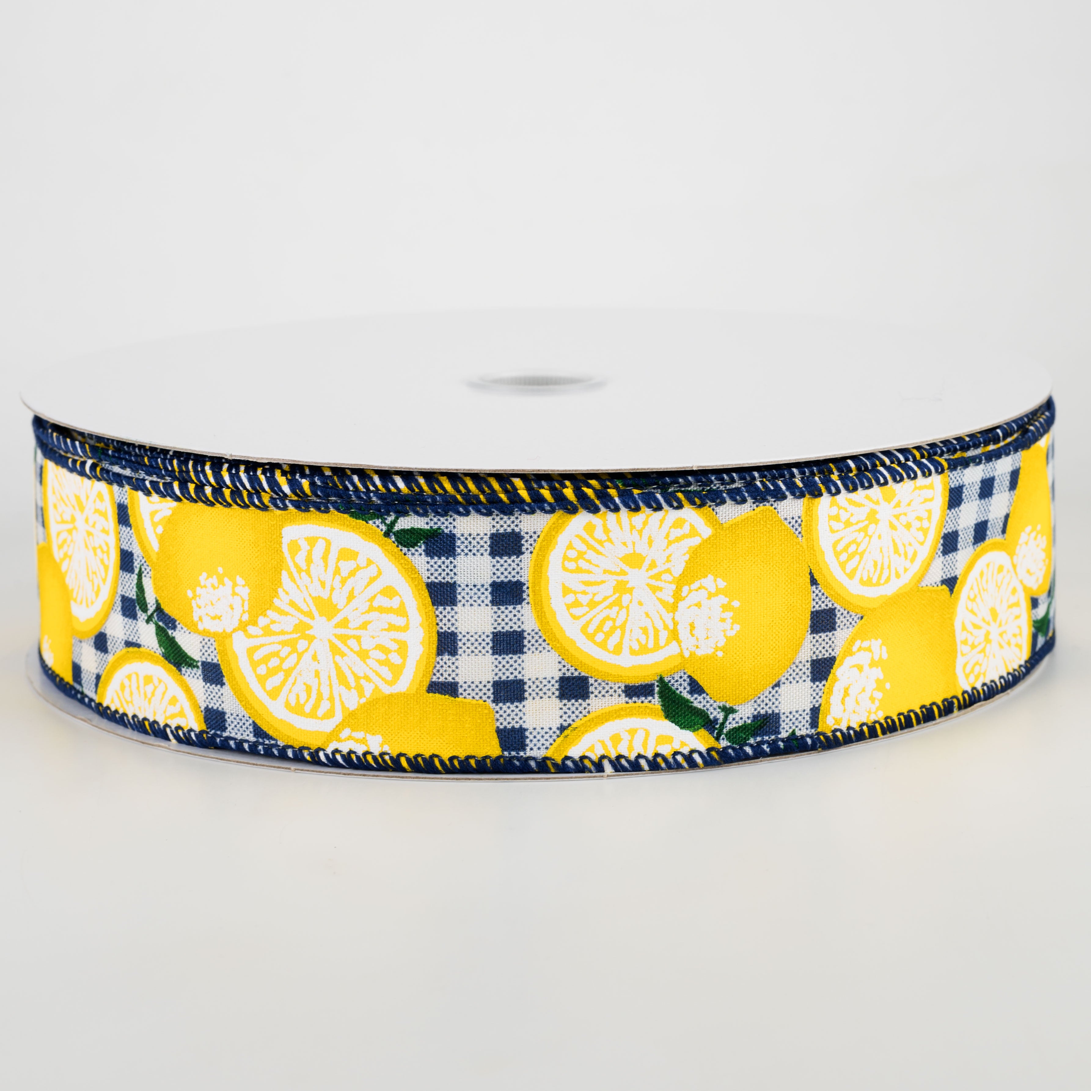 1.5" Gingham Lemons Ribbon: Navy Blue (50 Yards) Item Number: 841-09-114