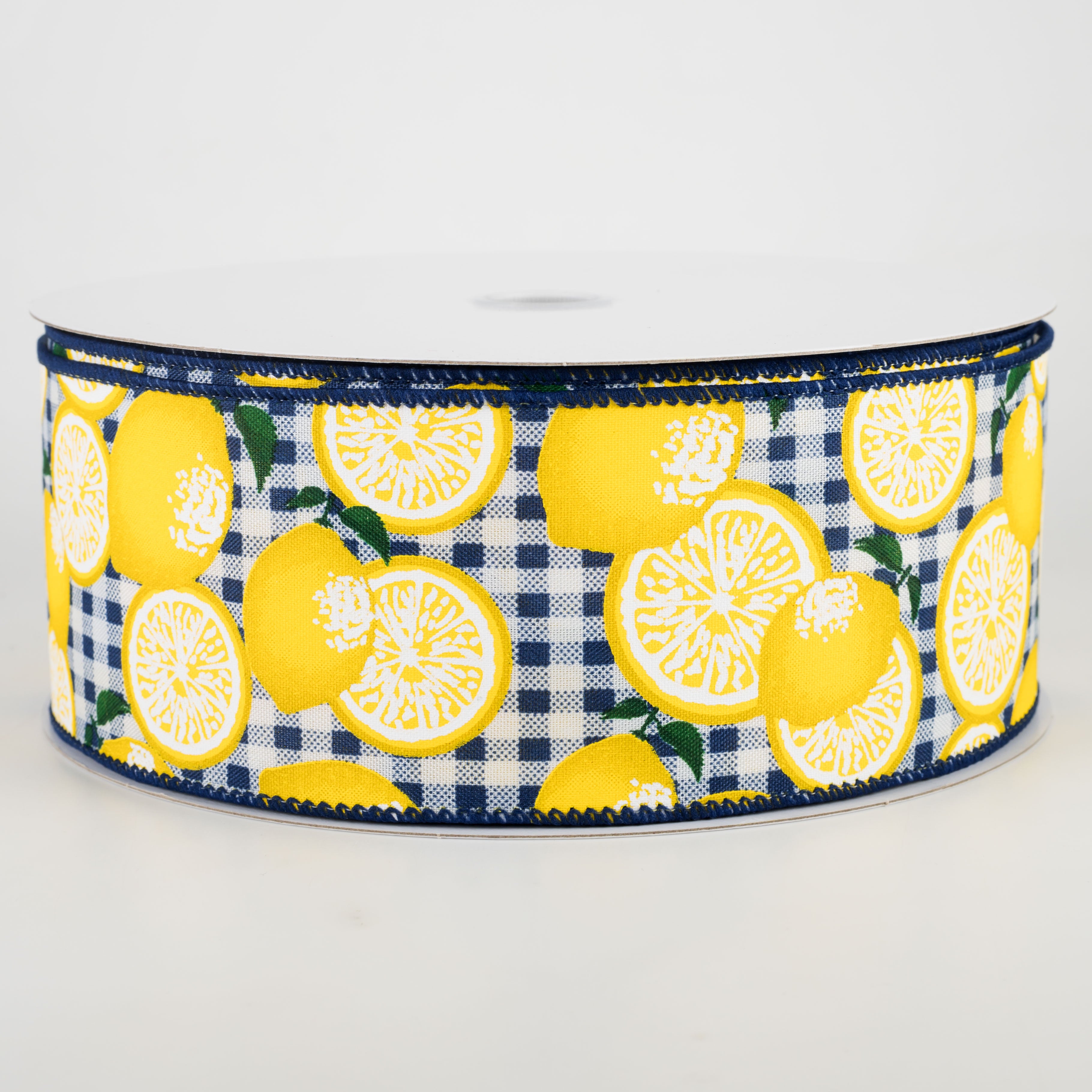 2.5" Gingham Lemons Ribbon: Navy Blue (50 Yards) Item Number: 841-40-114