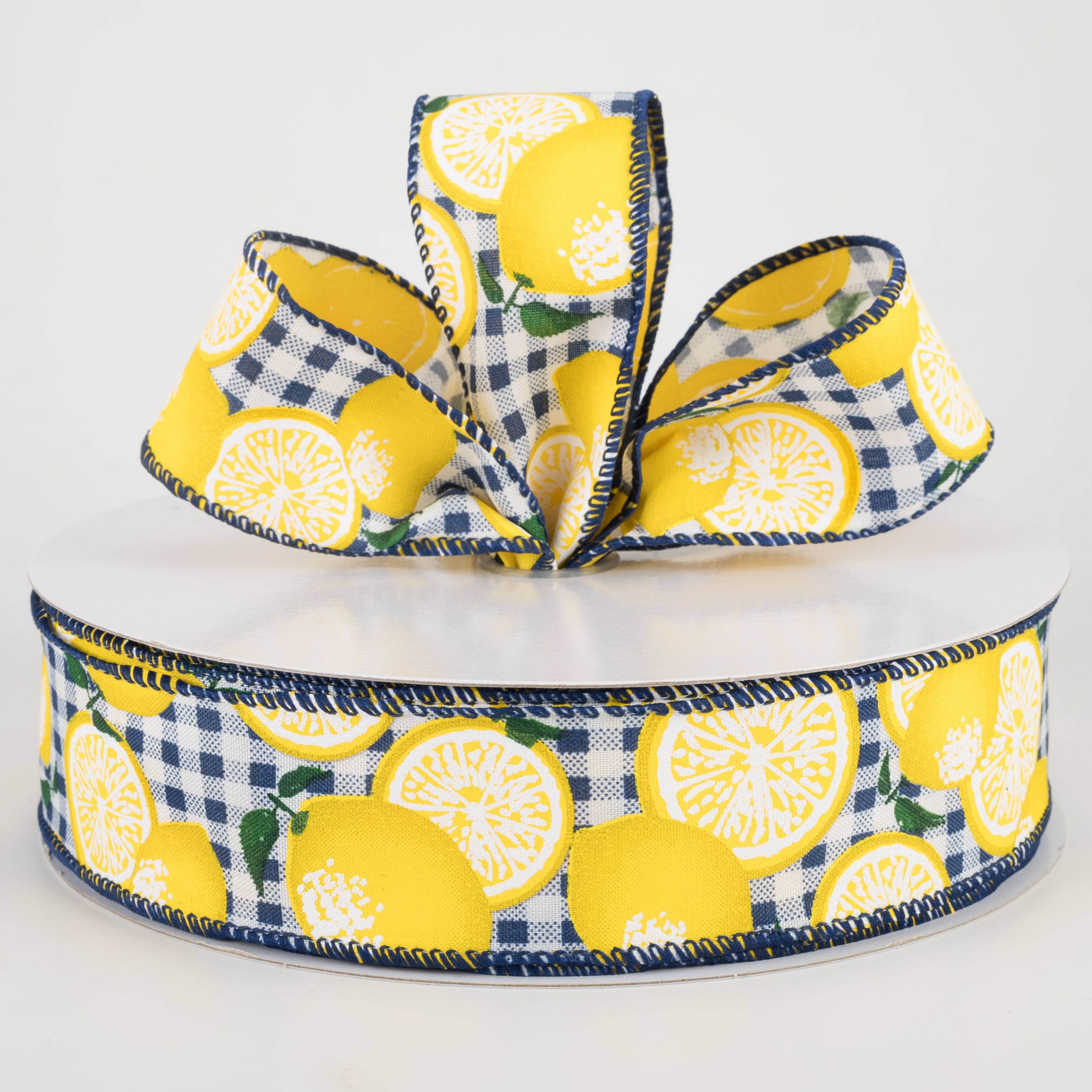 1.5" Gingham Lemons Ribbon: Navy Blue (50 Yards) Lifestyle Photo