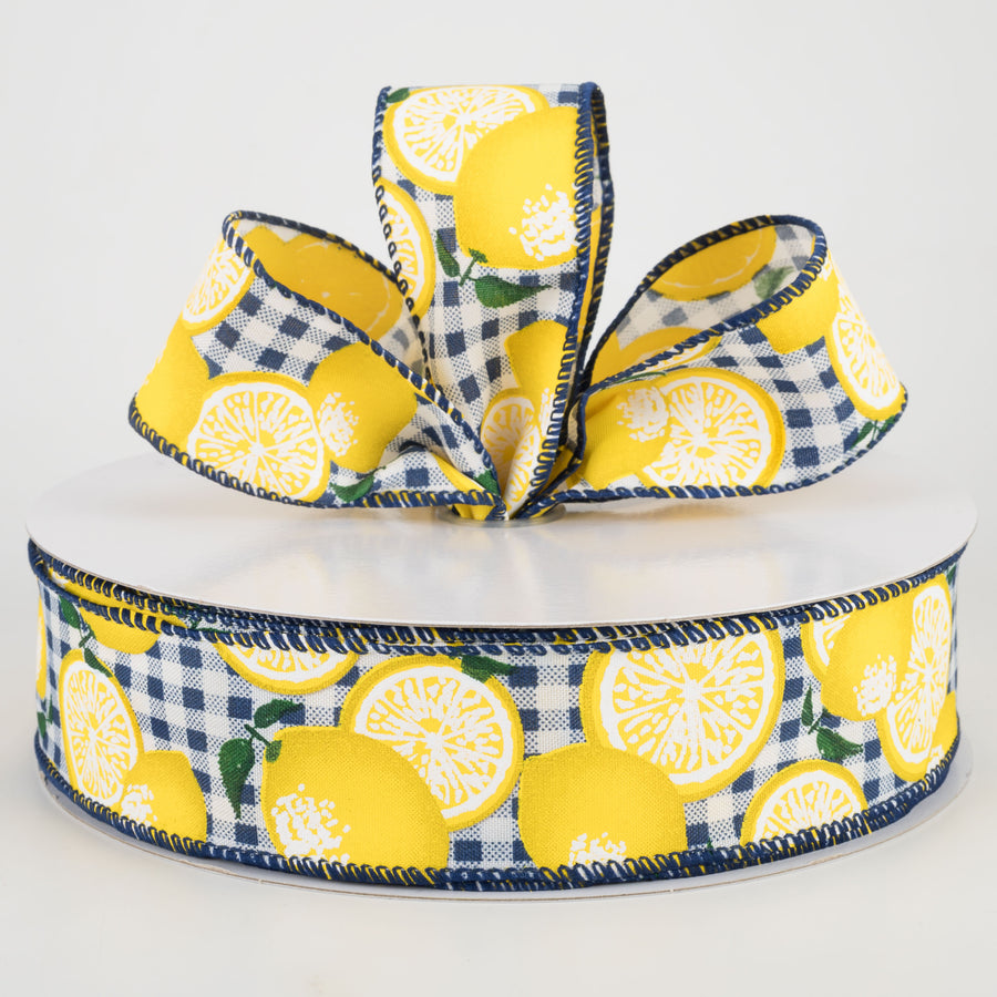 1.5" Gingham Lemons Ribbon: Navy Blue (50 Yards) Lifestyle Photo