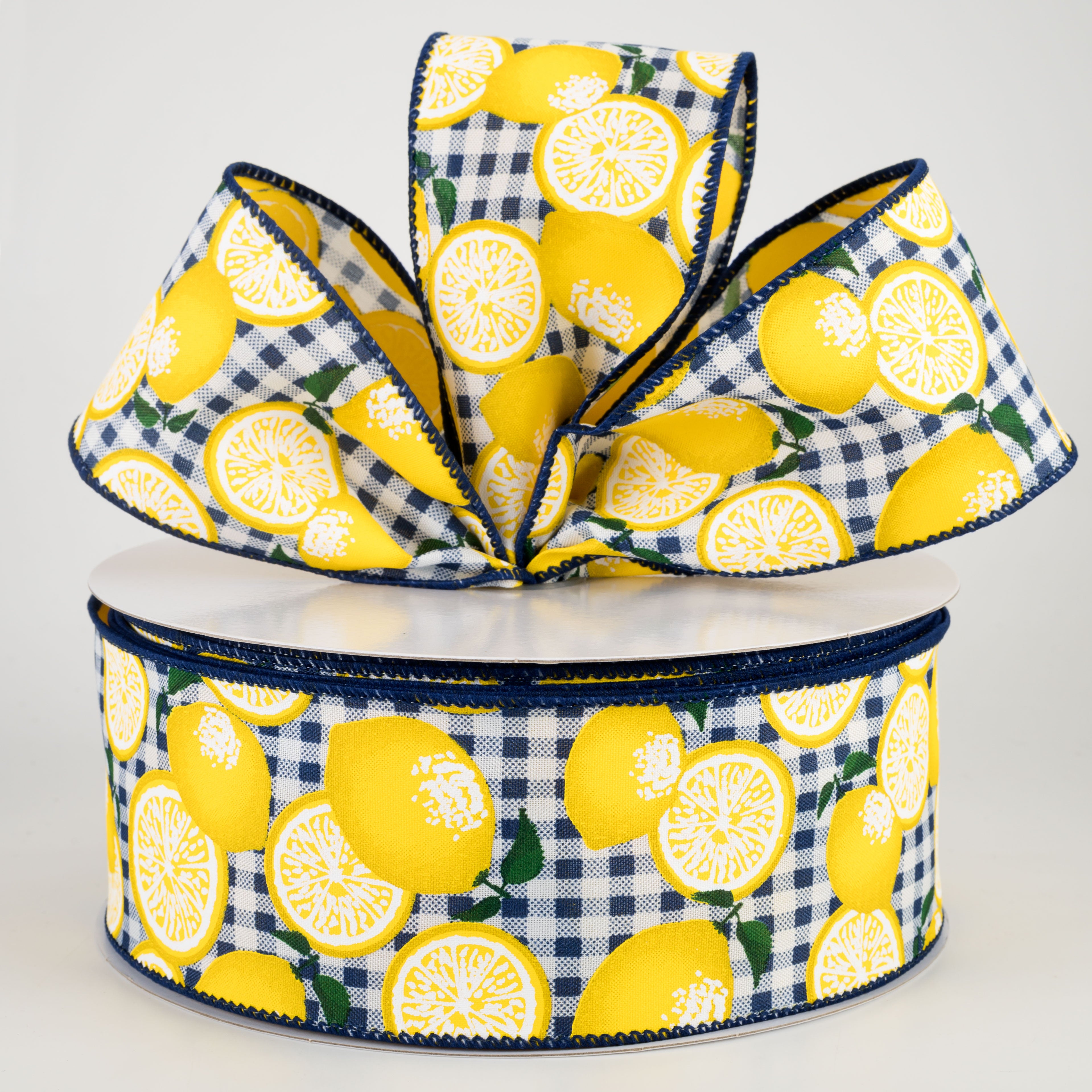 2.5" Gingham Lemons Ribbon: Navy Blue (50 Yards) Lifestyle Photo