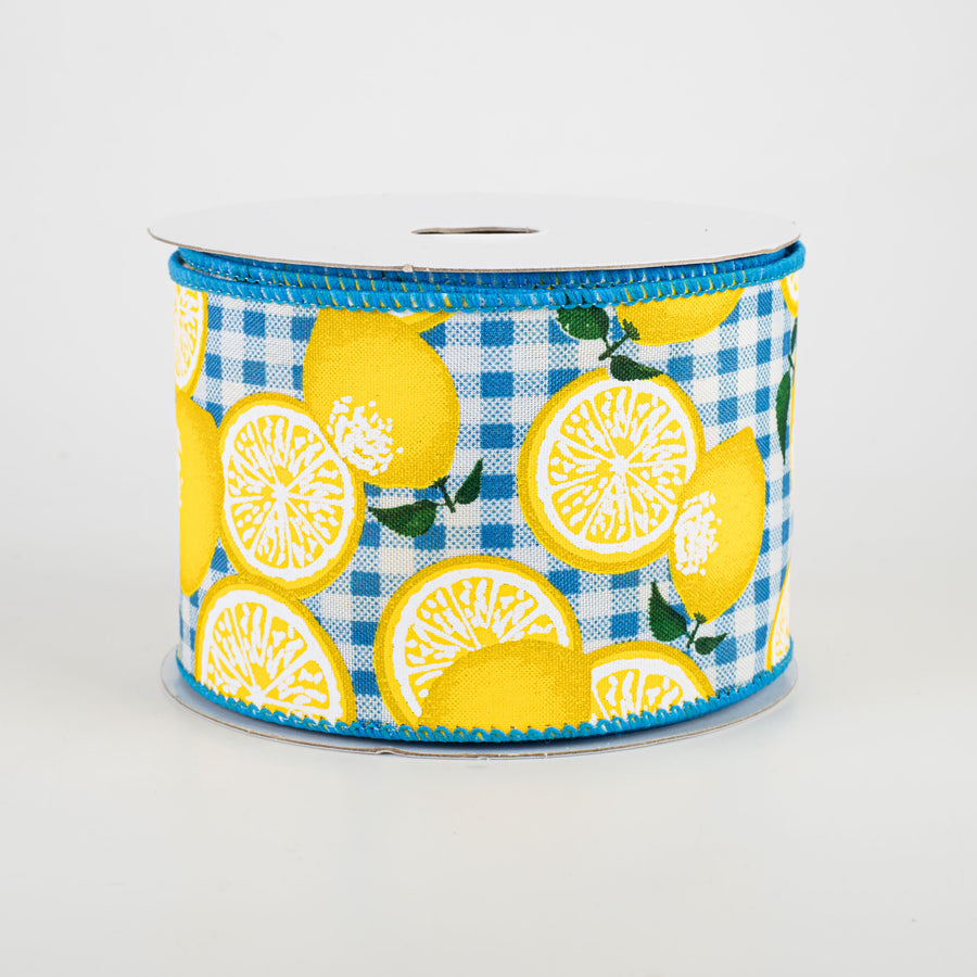 2.5" Gingham Lemons Ribbon: Turquoise (10 Yards)