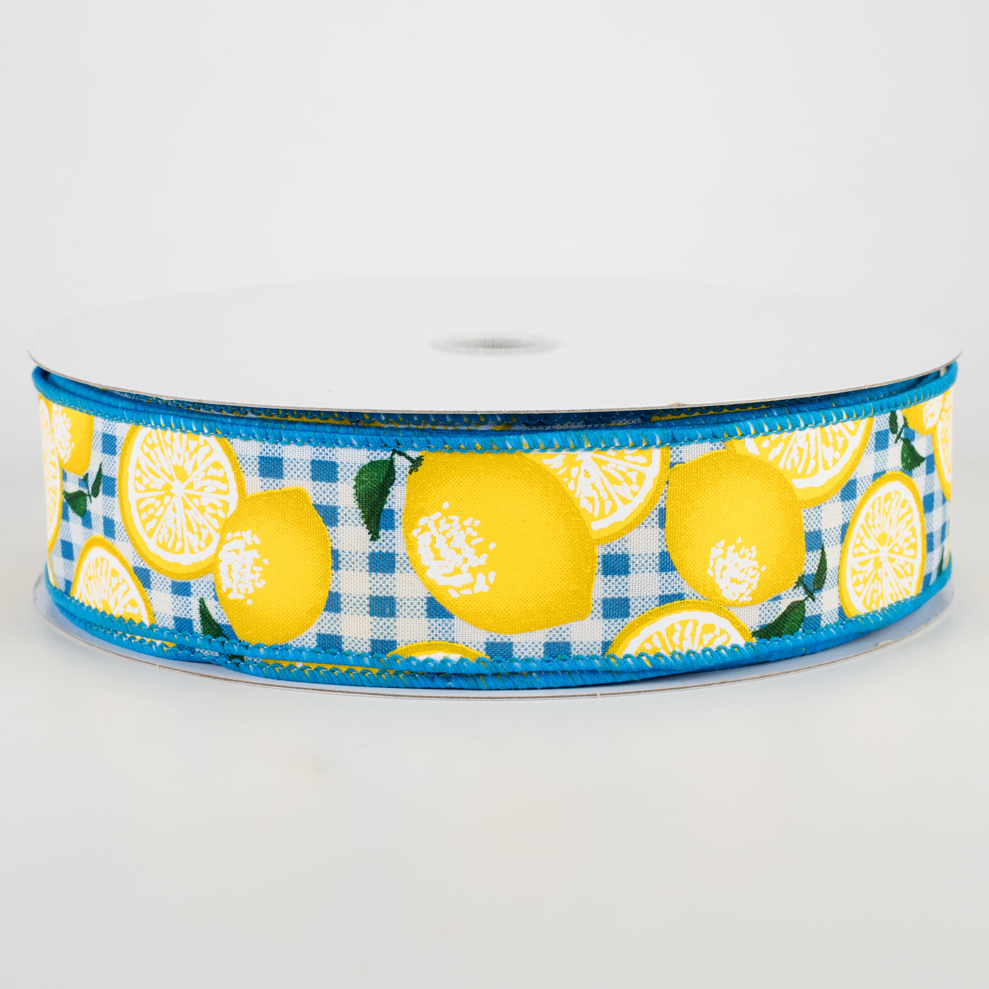 1.5" Gingham Lemons Ribbon: Turquoise (50 Yards)