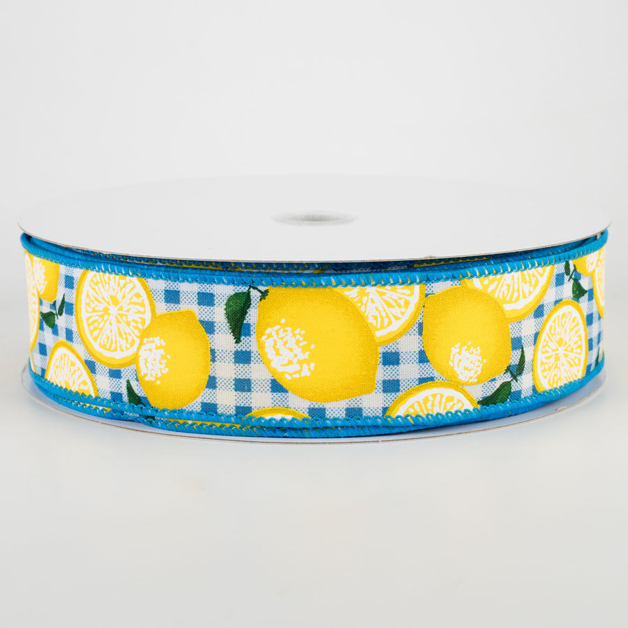 1.5" Gingham Lemons Ribbon: Turquoise (50 Yards)