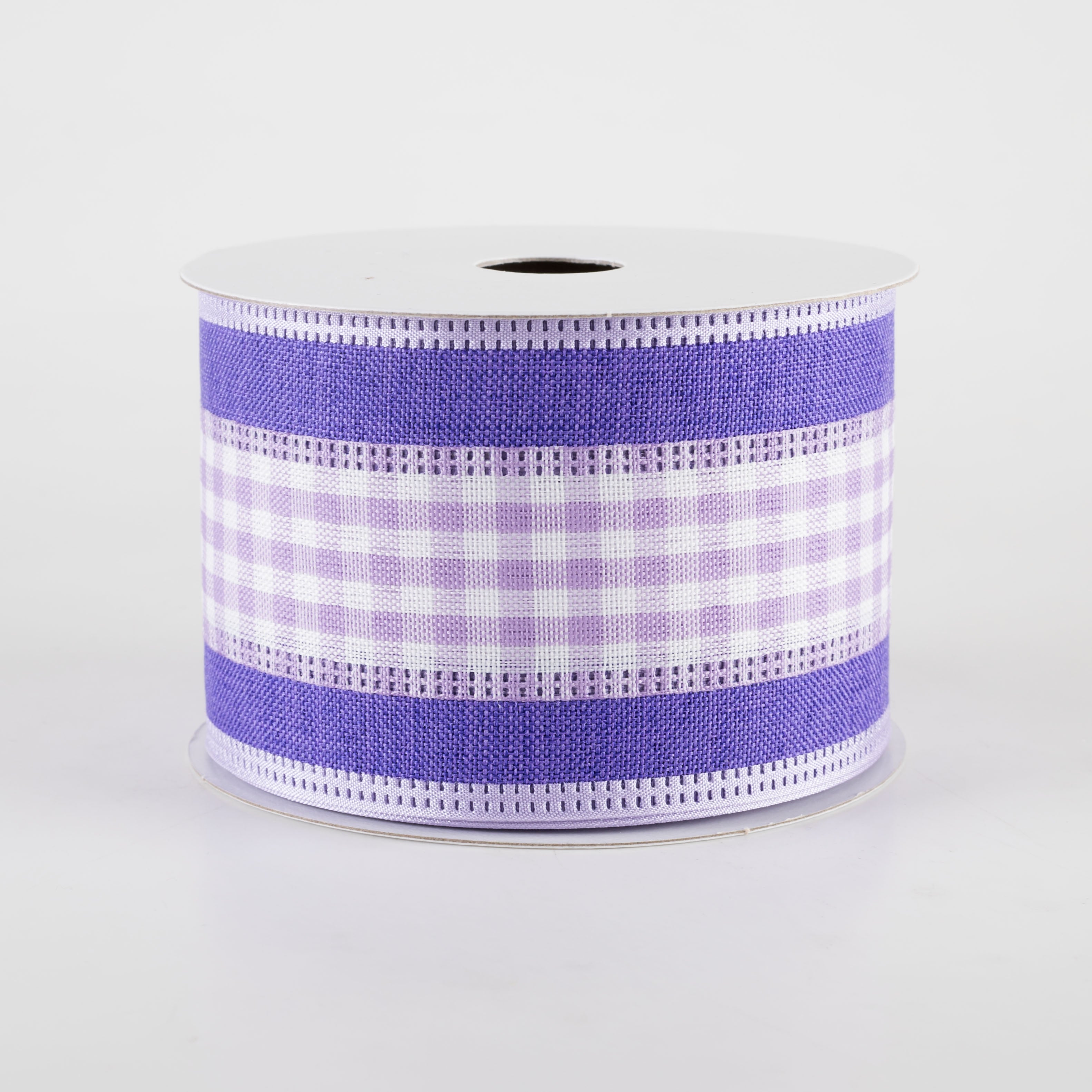 2.5" Gingham & Linen Edge Ribbon: Lavender, Purple & White (10 Yards)