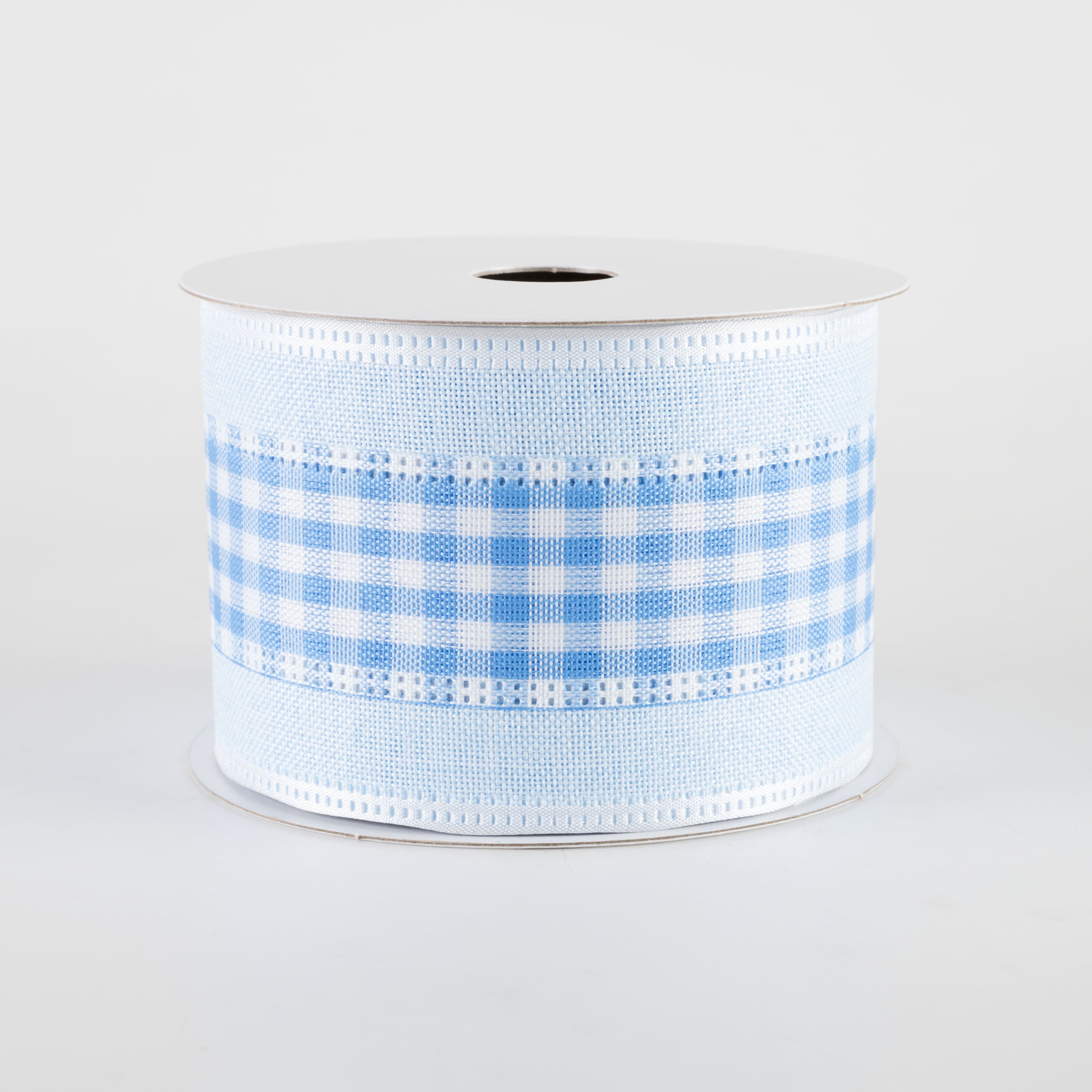 2.5" Gingham & Linen Edge Ribbon: Light Blue & White (10 Yards)
