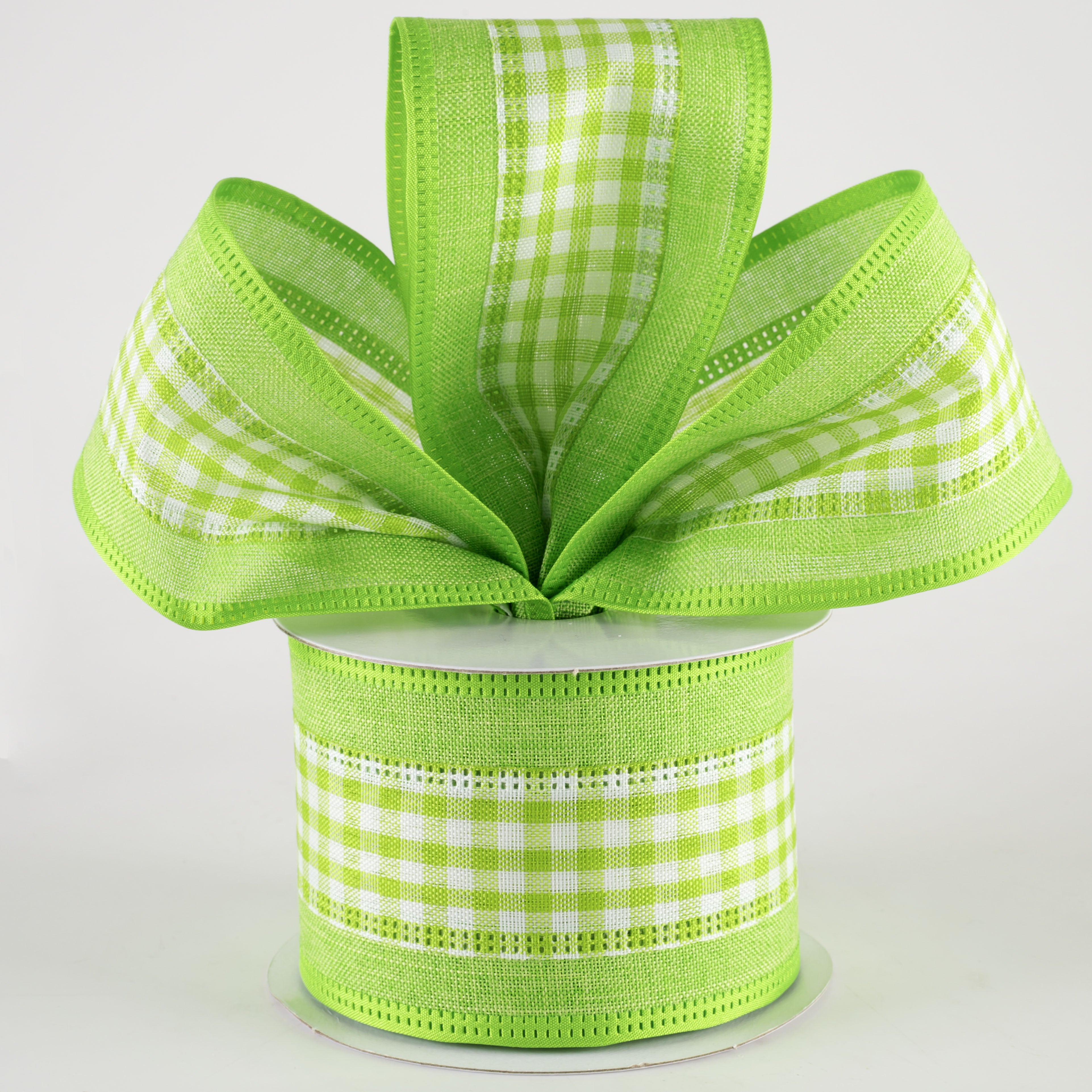 2.5" Gingham & Linen Edge Ribbon: Lime Green & White (10 Yards) Lifestyle Photo
