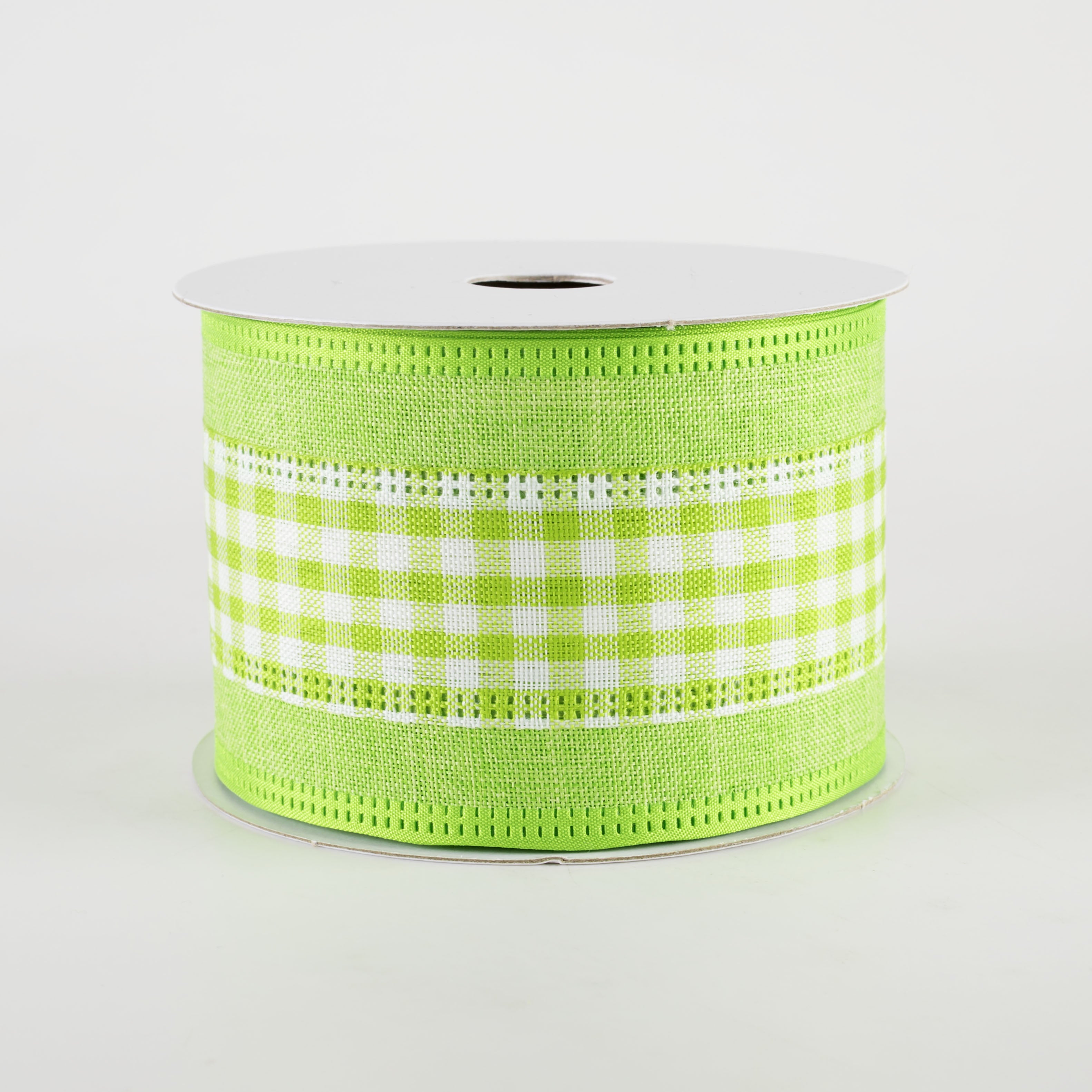 2.5" Gingham & Linen Edge Ribbon: Lime Green & White (10 Yards)