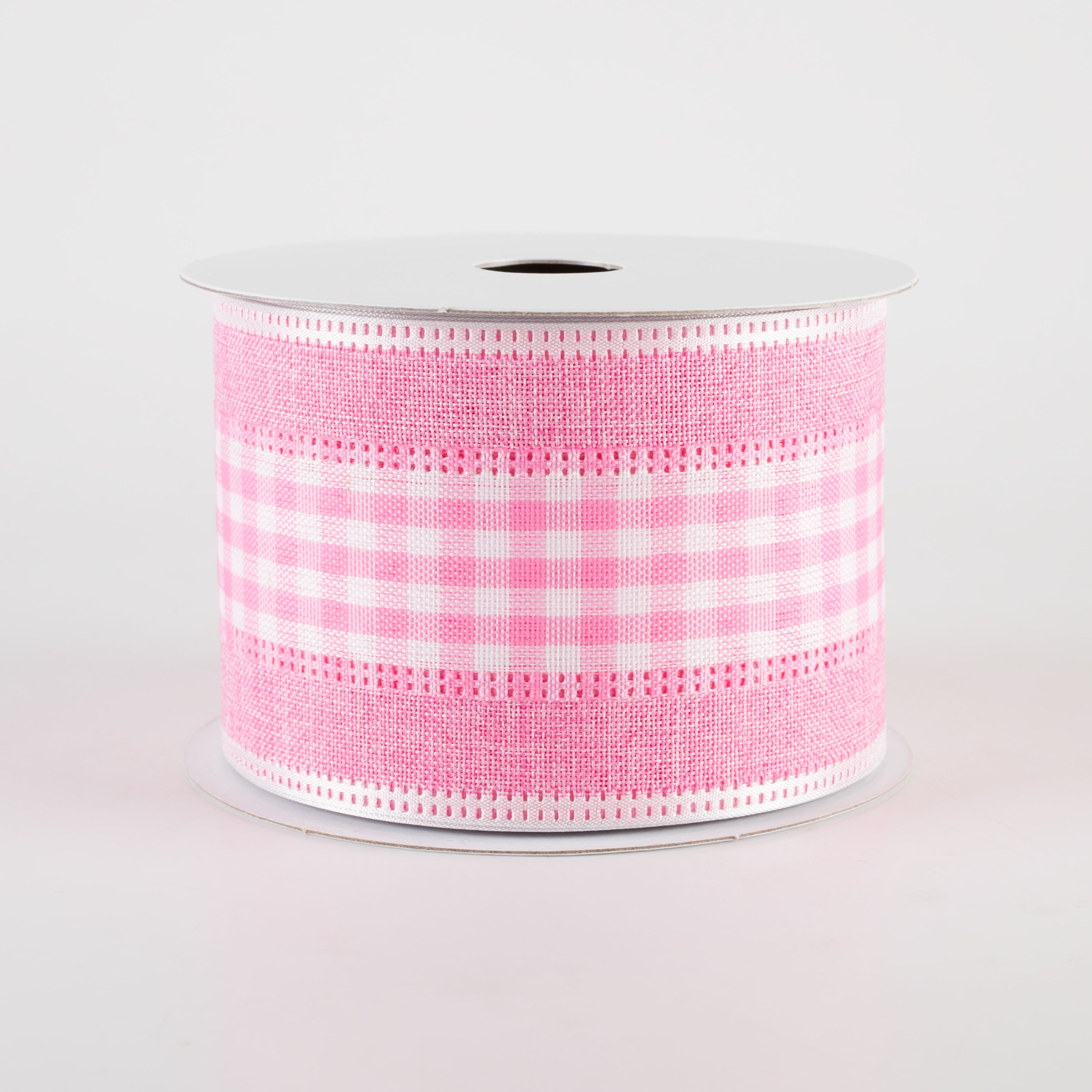 2.5" Gingham & Linen Edge Ribbon: Pink & White (10 Yards)