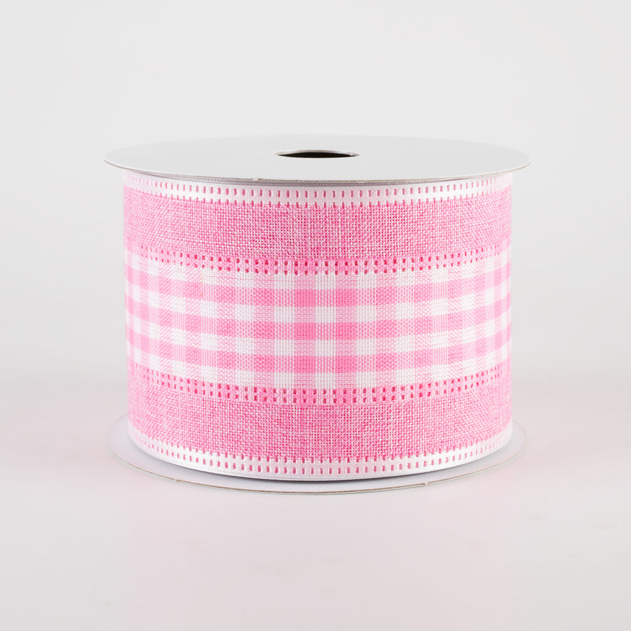 2.5" Gingham & Linen Edge Ribbon: Pink & White (10 Yards)