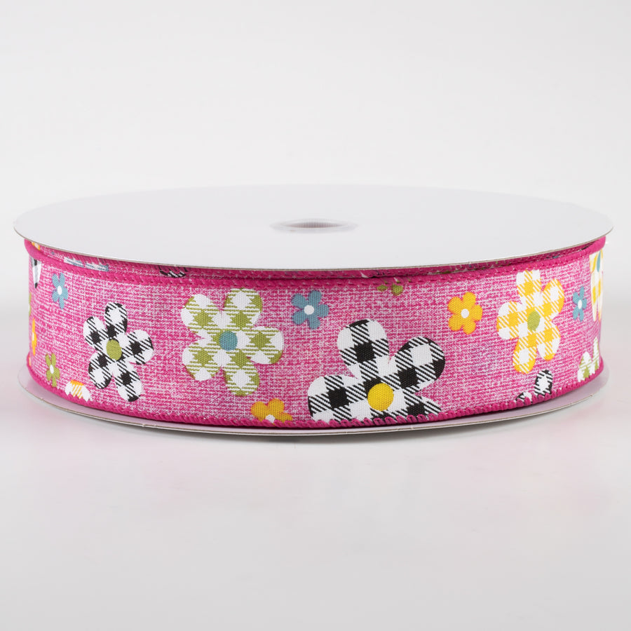 1.5" Gingham Plaid Flowers Print Linen Ribbon: Fuchsia (50 Yards) Item Number: 841-09-322