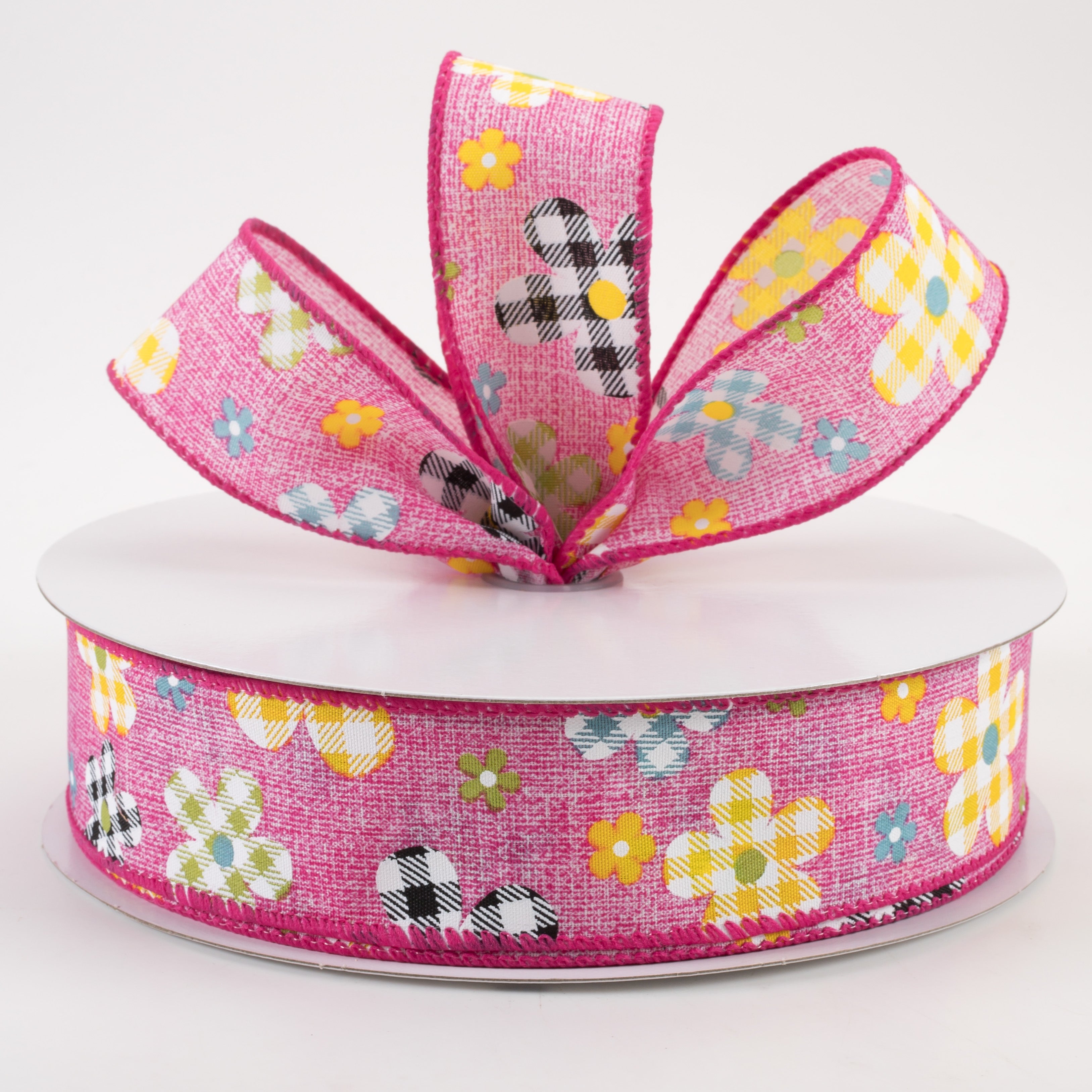 1.5" Gingham Plaid Flowers Print Linen Ribbon: Fuchsia (50 Yards) Lifestyle Photo