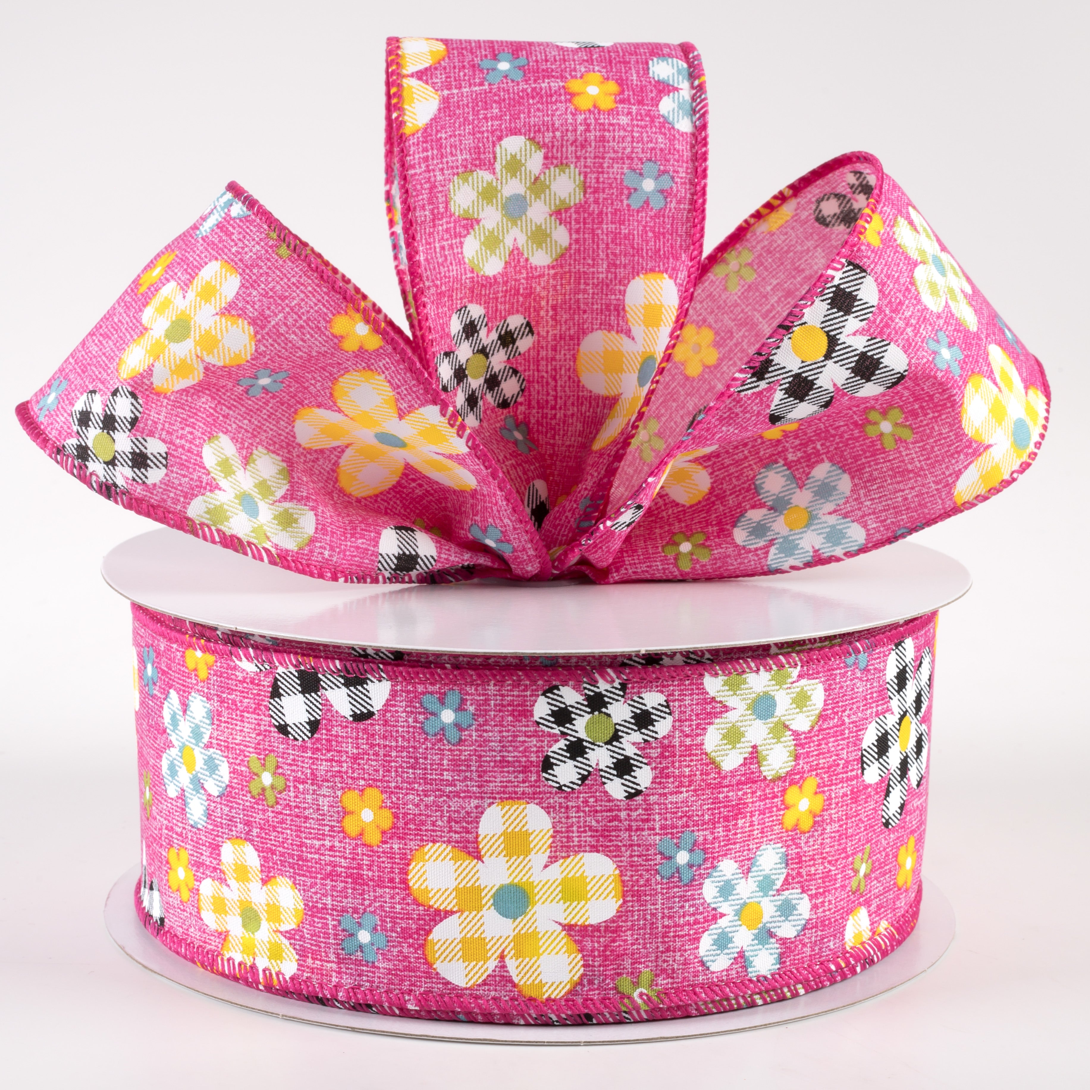 2.5" Gingham Plaid Flowers Print Linen Ribbon: Fuchsia (50 Yards) Lifestyle Photo