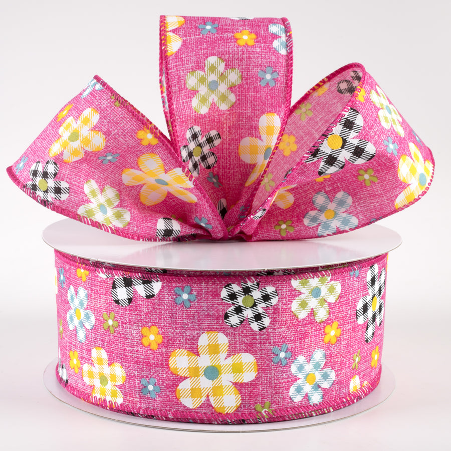 2.5" Gingham Plaid Flowers Print Linen Ribbon: Fuchsia (50 Yards) Lifestyle Photo