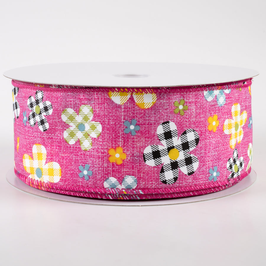 2.5" Gingham Plaid Flowers Print Linen Ribbon: Fuchsia (50 Yards)