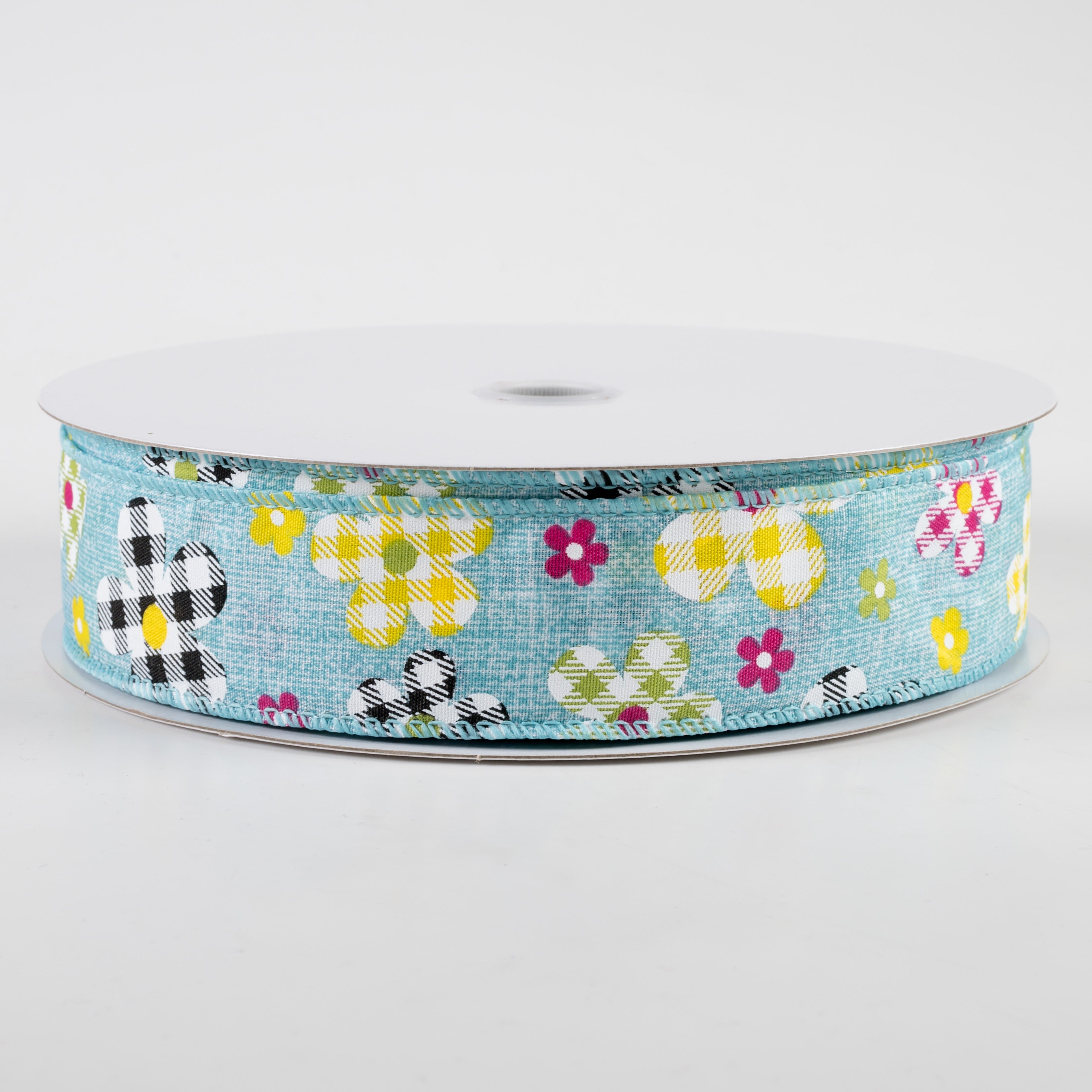 1.5" Gingham Plaid Flowers Print Linen Ribbon: Teal (50 Yards) Item Number: 841-09-323