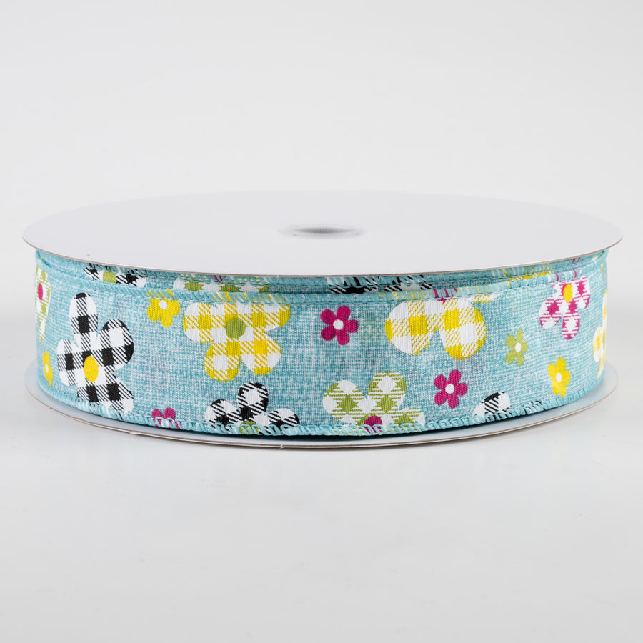 1.5" Gingham Plaid Flowers Print Linen Ribbon: Teal (50 Yards) Item Number: 841-09-323