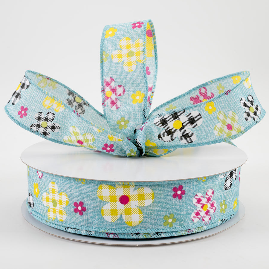 1.5" Gingham Plaid Flowers Print Linen Ribbon: Teal (50 Yards) Lifestyle Photo