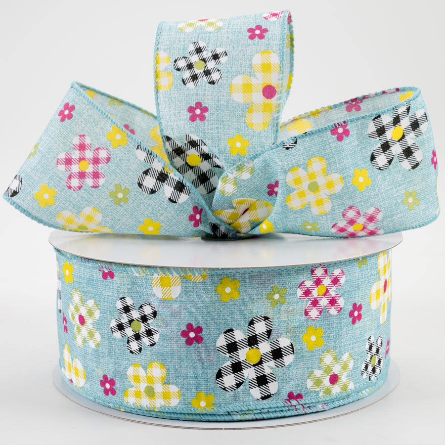 2.5" Gingham Plaid Flowers Print Linen Ribbon: Teal (50 Yards) Lifestyle Photo