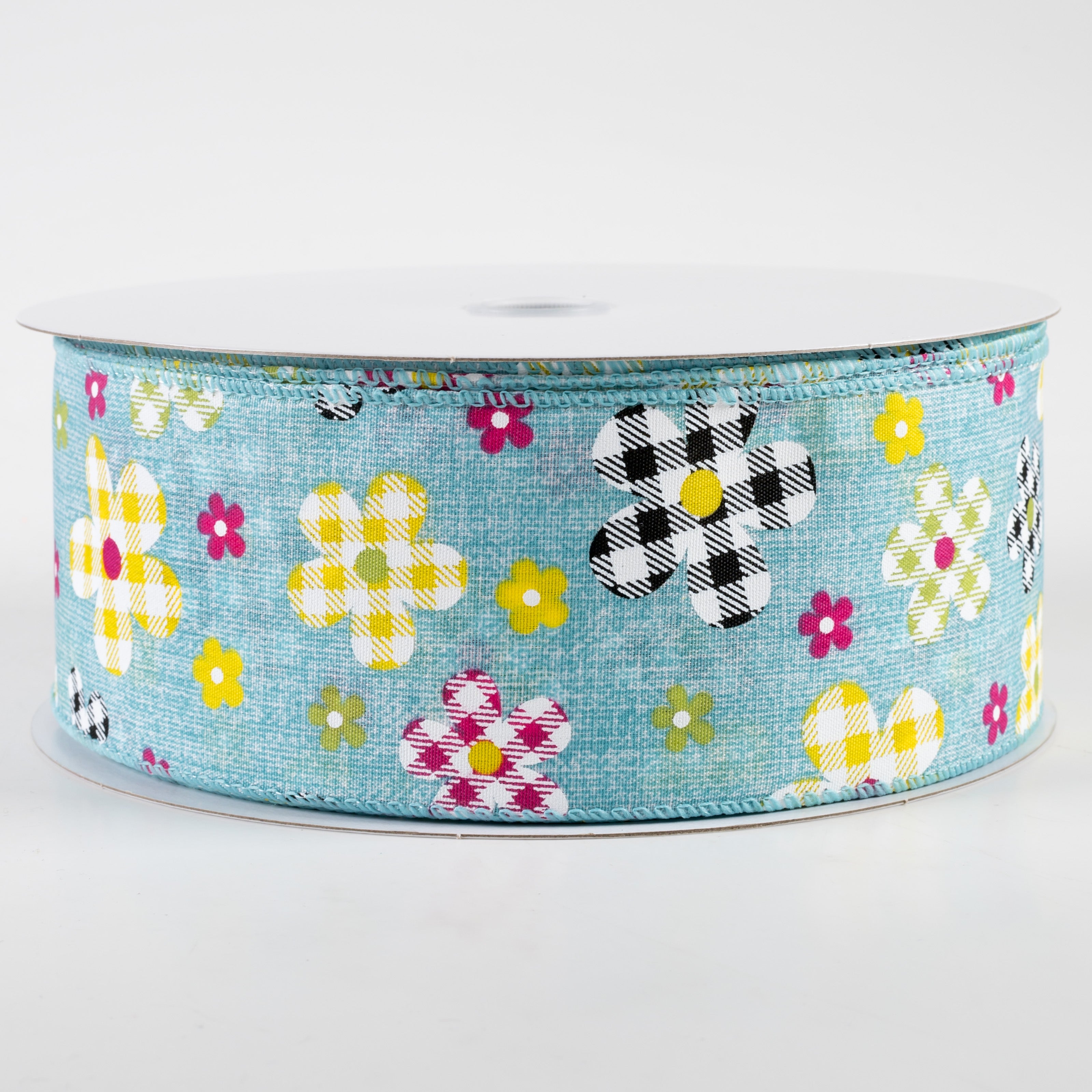 2.5" Gingham Plaid Flowers Print Linen Ribbon: Teal (50 Yards)
