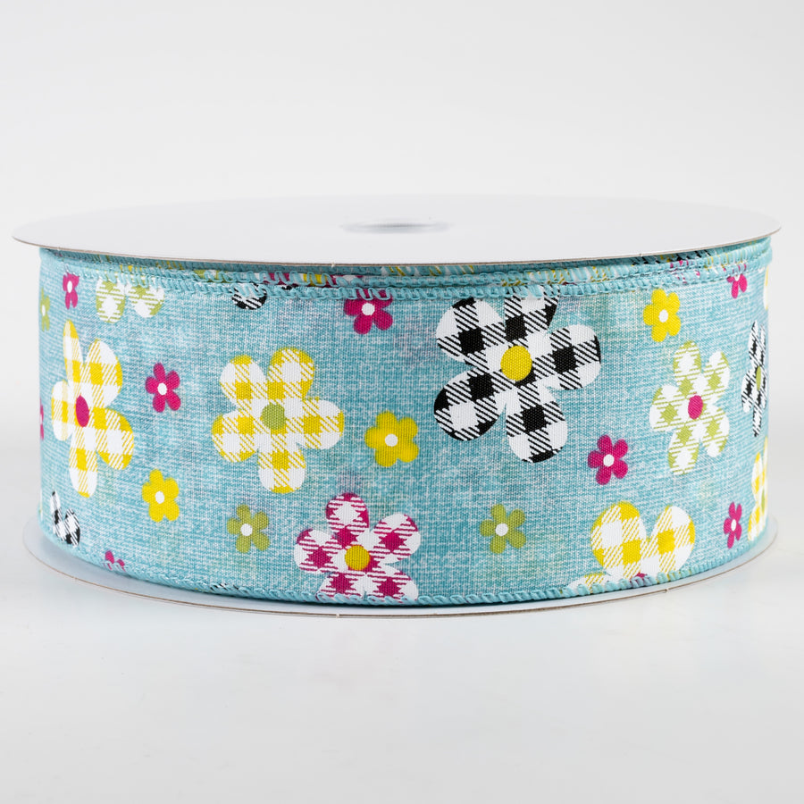 2.5" Gingham Plaid Flowers Print Linen Ribbon: Teal (50 Yards)