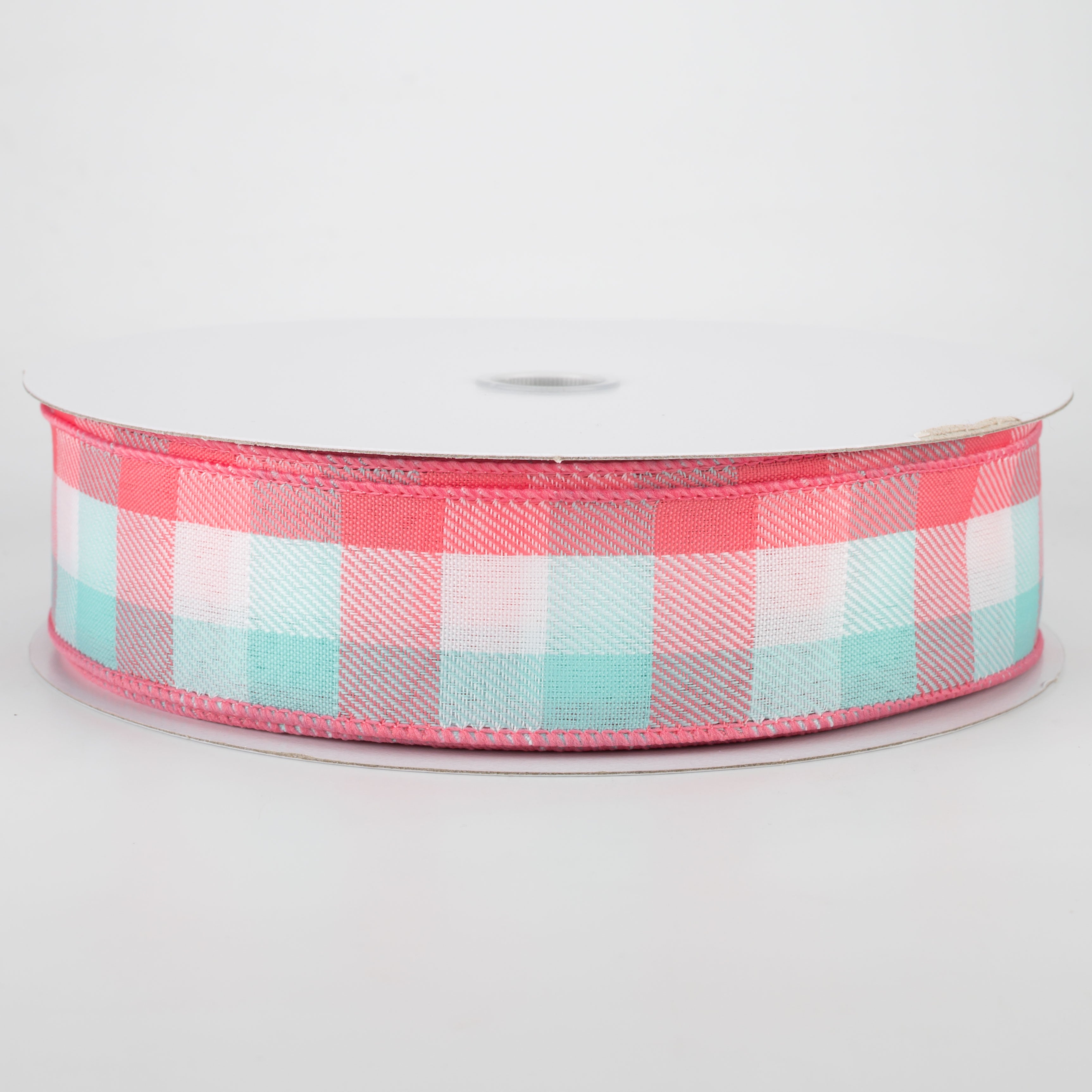 1.5" Gingham Ribbon: Coral, Turquoise, White (50 Yards)