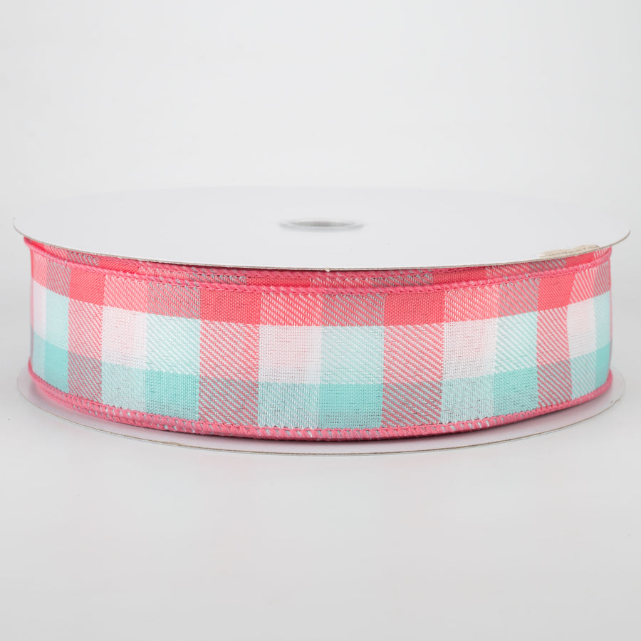 1.5" Gingham Ribbon: Coral, Turquoise, White (50 Yards)