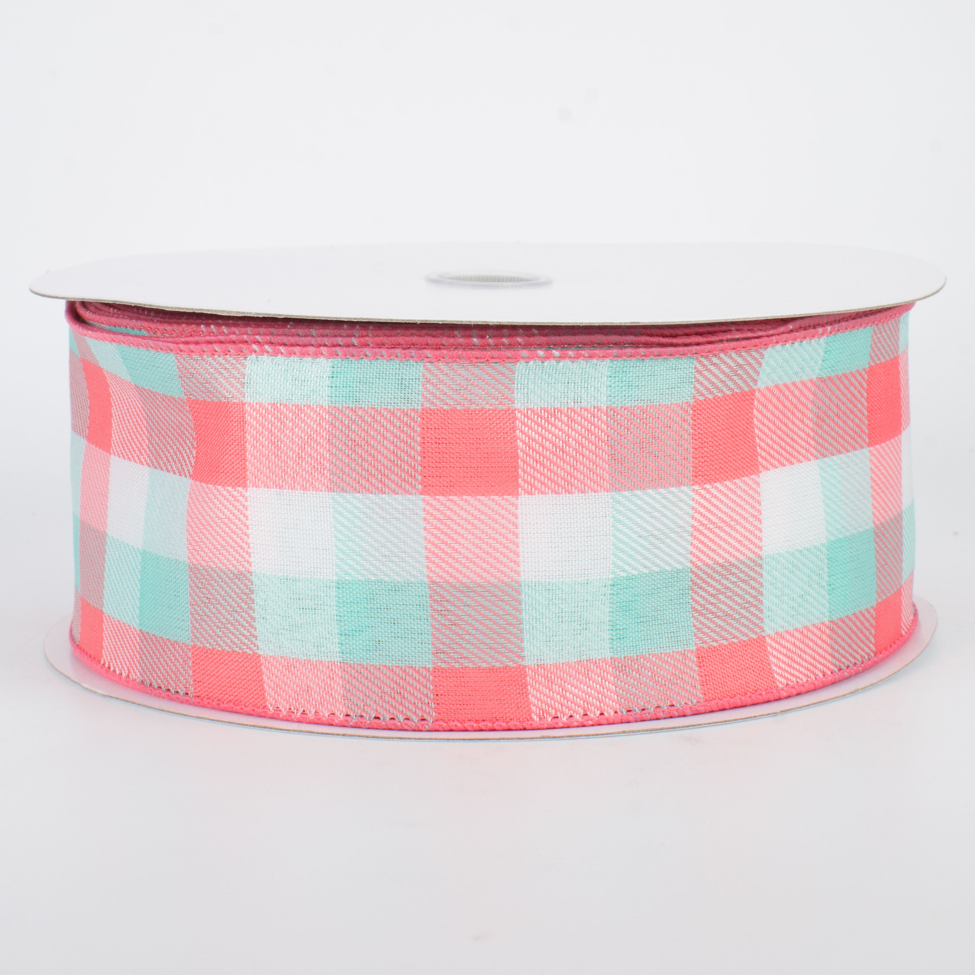 2.5" Gingham Ribbon: Coral, Turquoise, White (50 Yards)