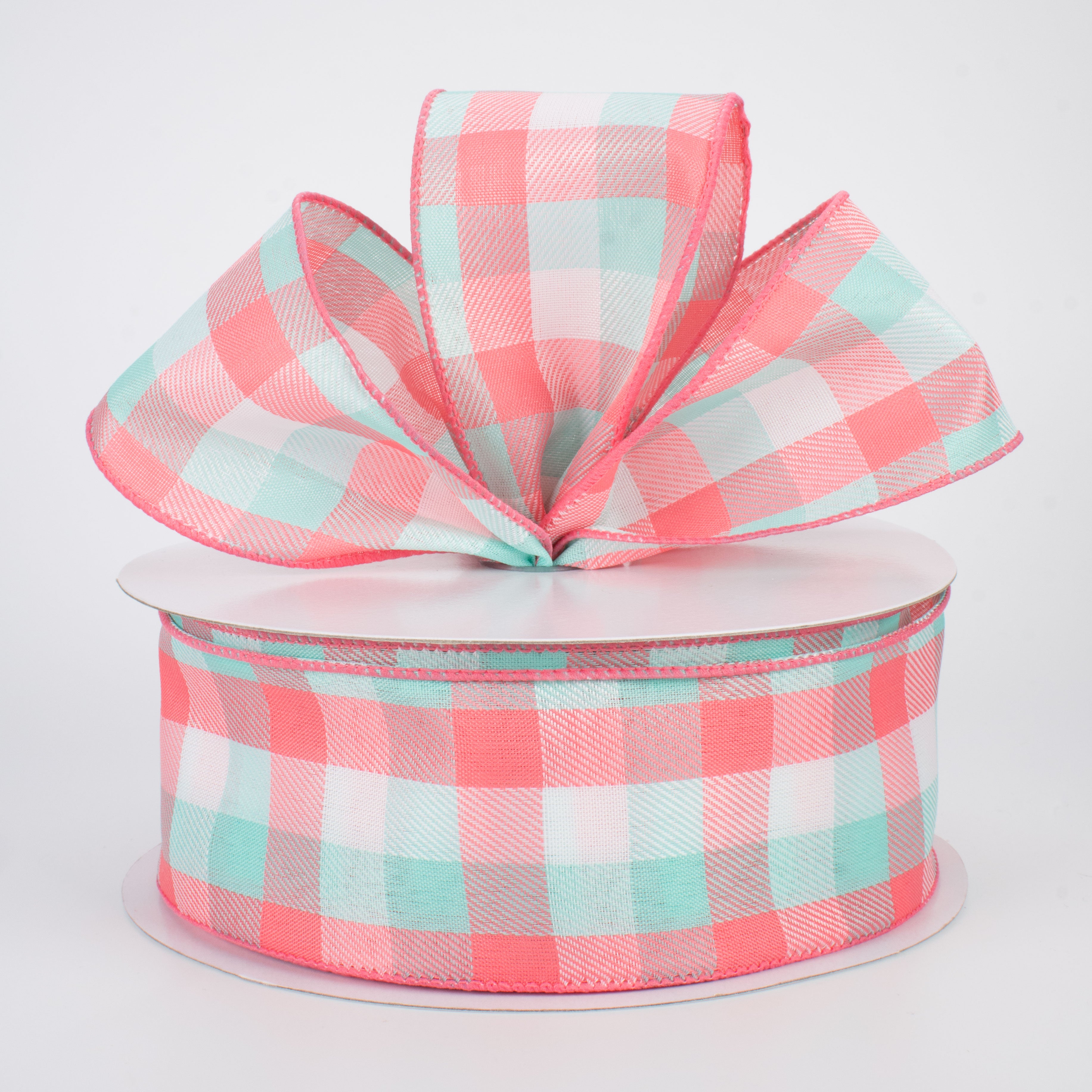 2.5" Gingham Ribbon: Coral, Turquoise, White (50 Yards) Lifestyle Photo